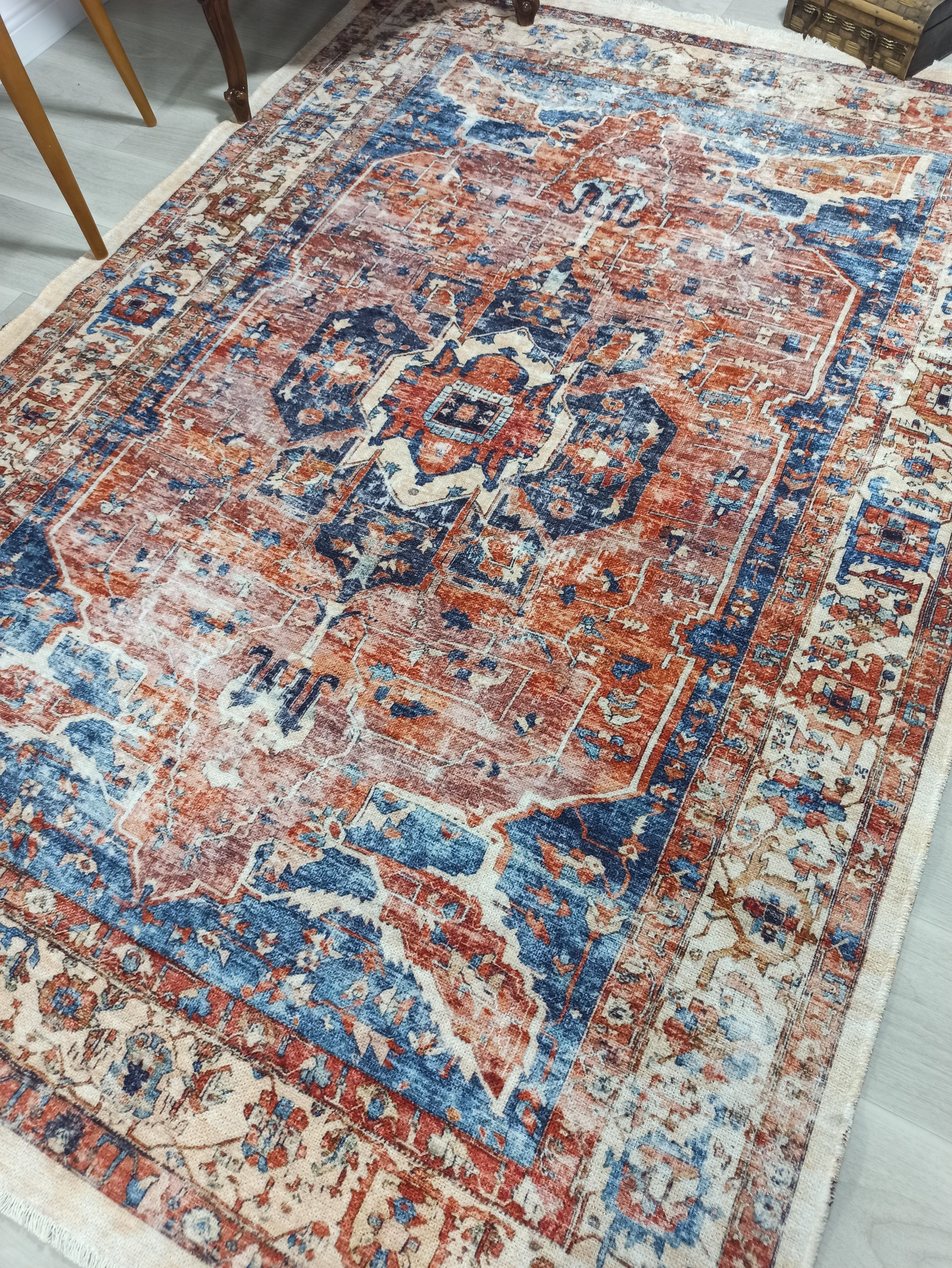 Sema Turkish Vintage Medallion Style Orange Navy Blue Rug