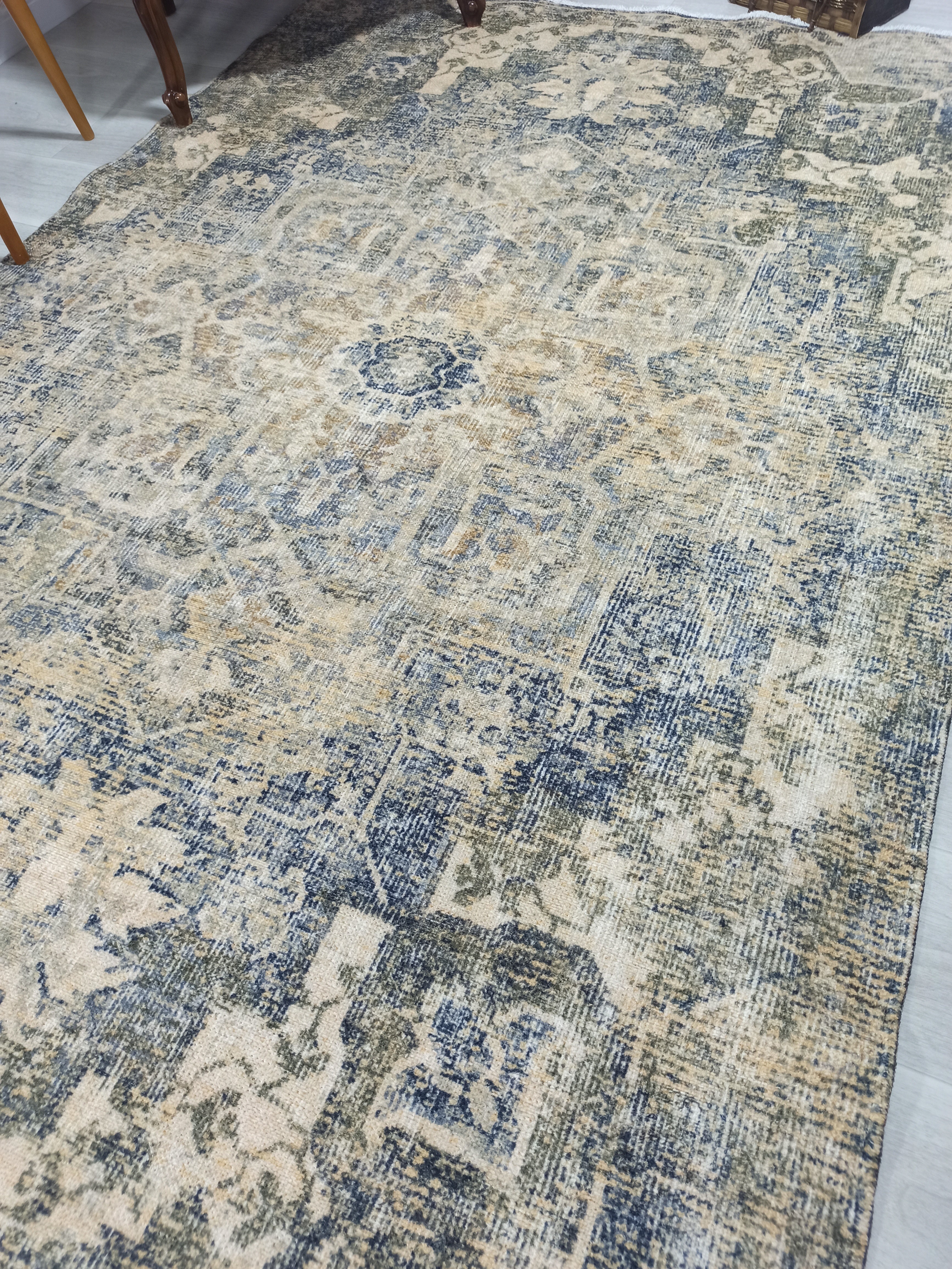 Aliye Turkish Medallion Style Green Beige Vintage Rug