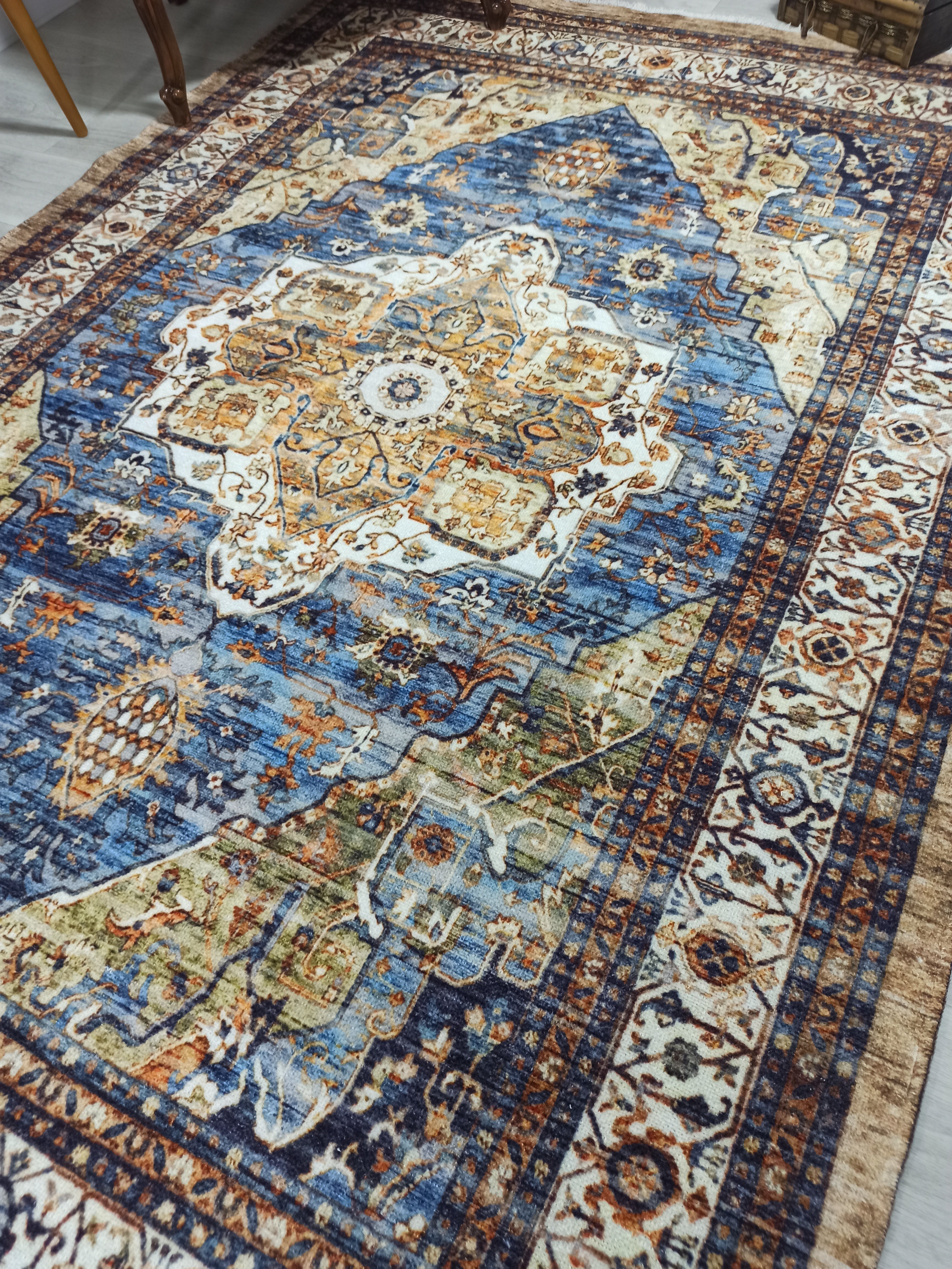 Nuran Turkish Vintage Medallion Style Brown Navy Blue Rug