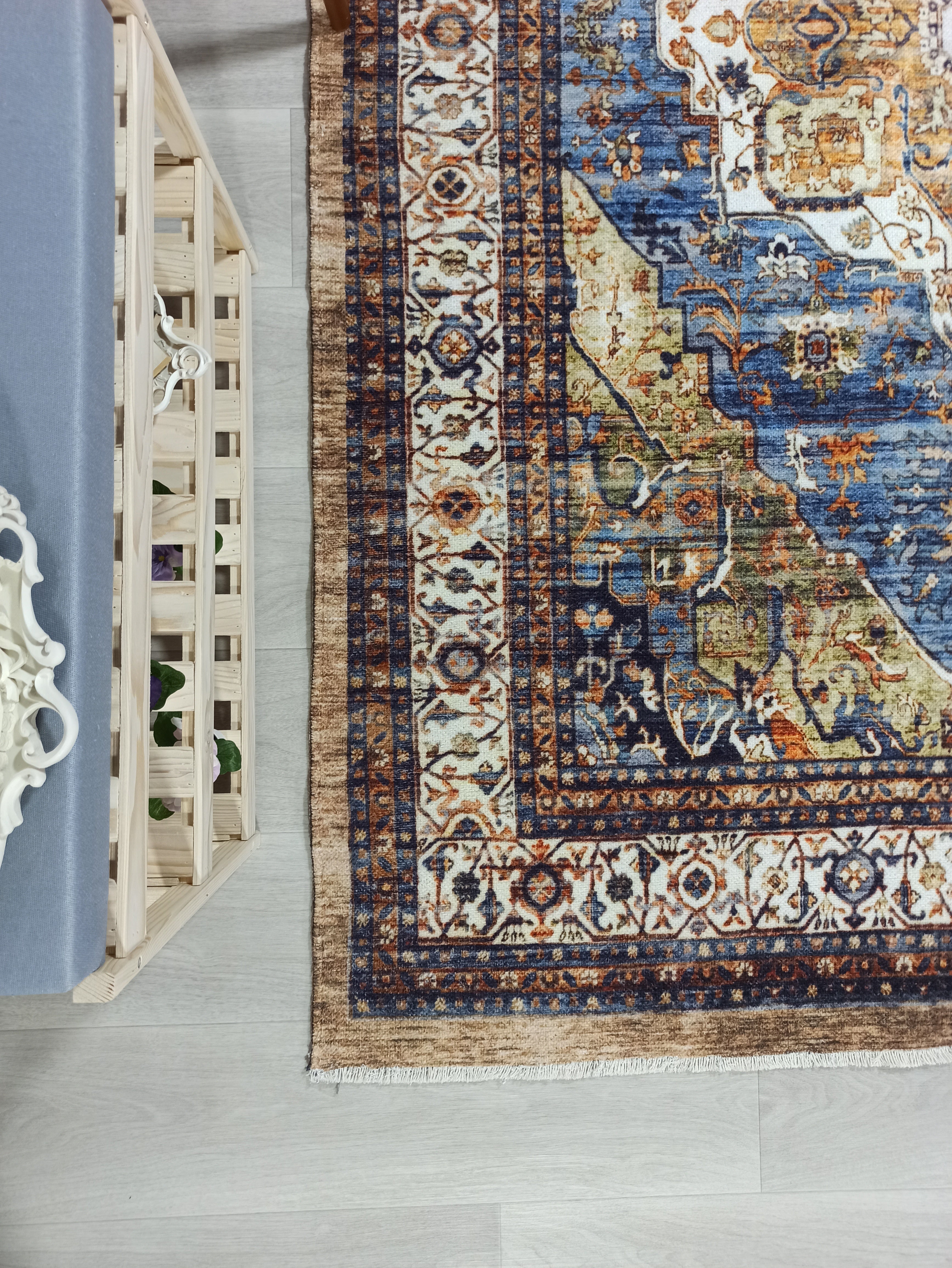 Nuran Turkish Vintage Medallion Style Brown Navy Blue Rug