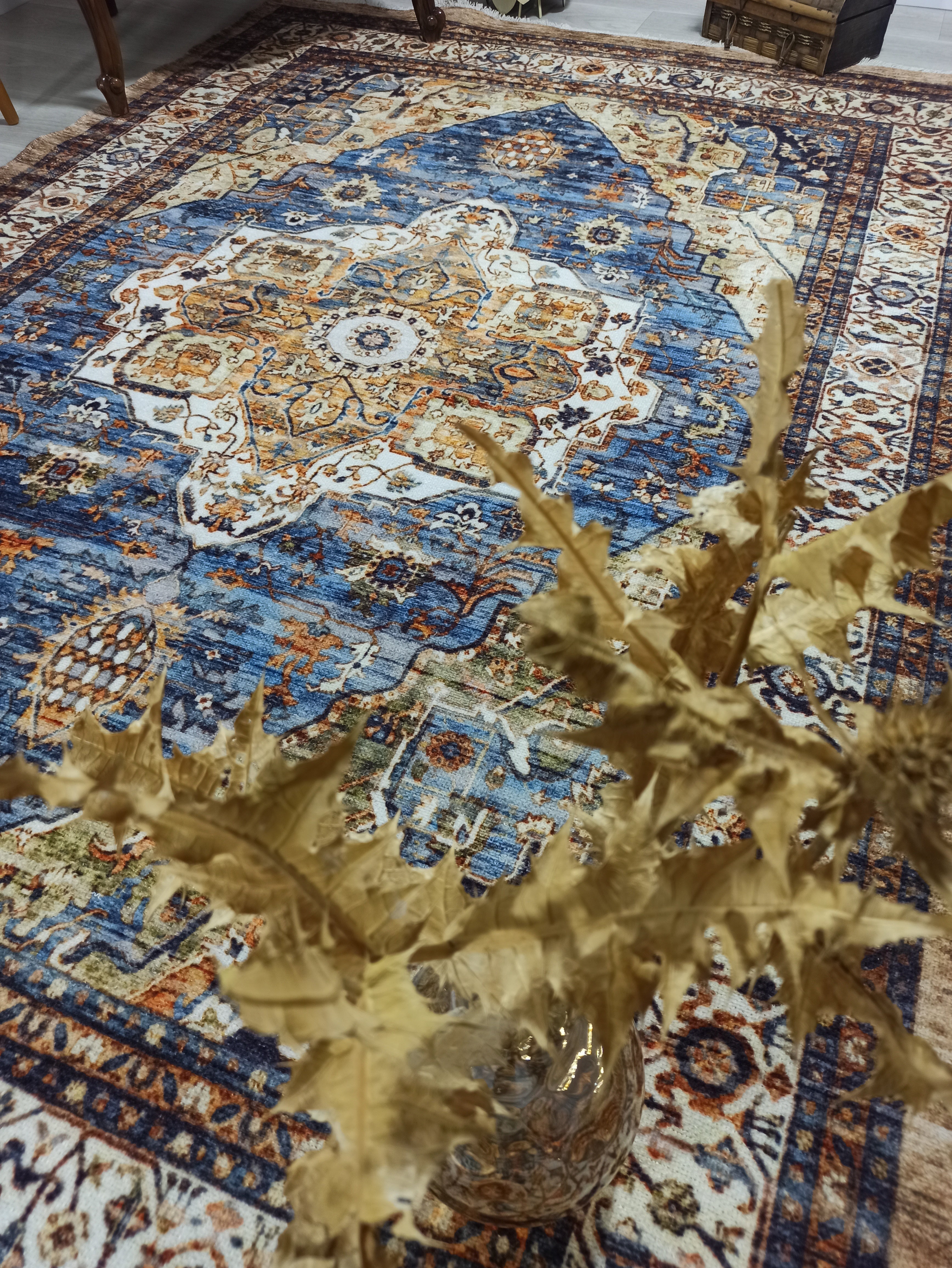 Nuran Turkish Vintage Medallion Style Brown Navy Blue Rug