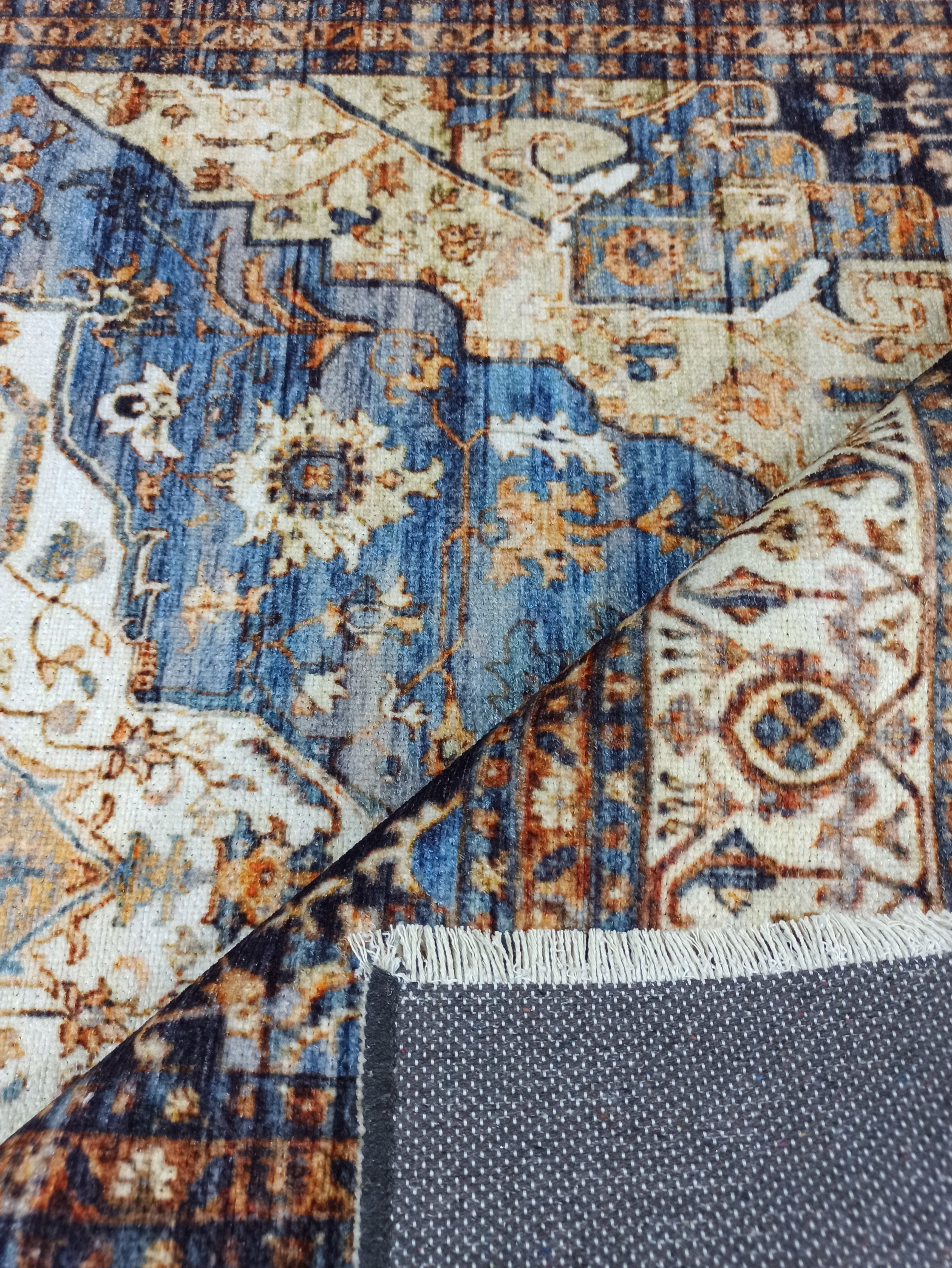 Nuran Turkish Vintage Medallion Style Brown Navy Blue Rug