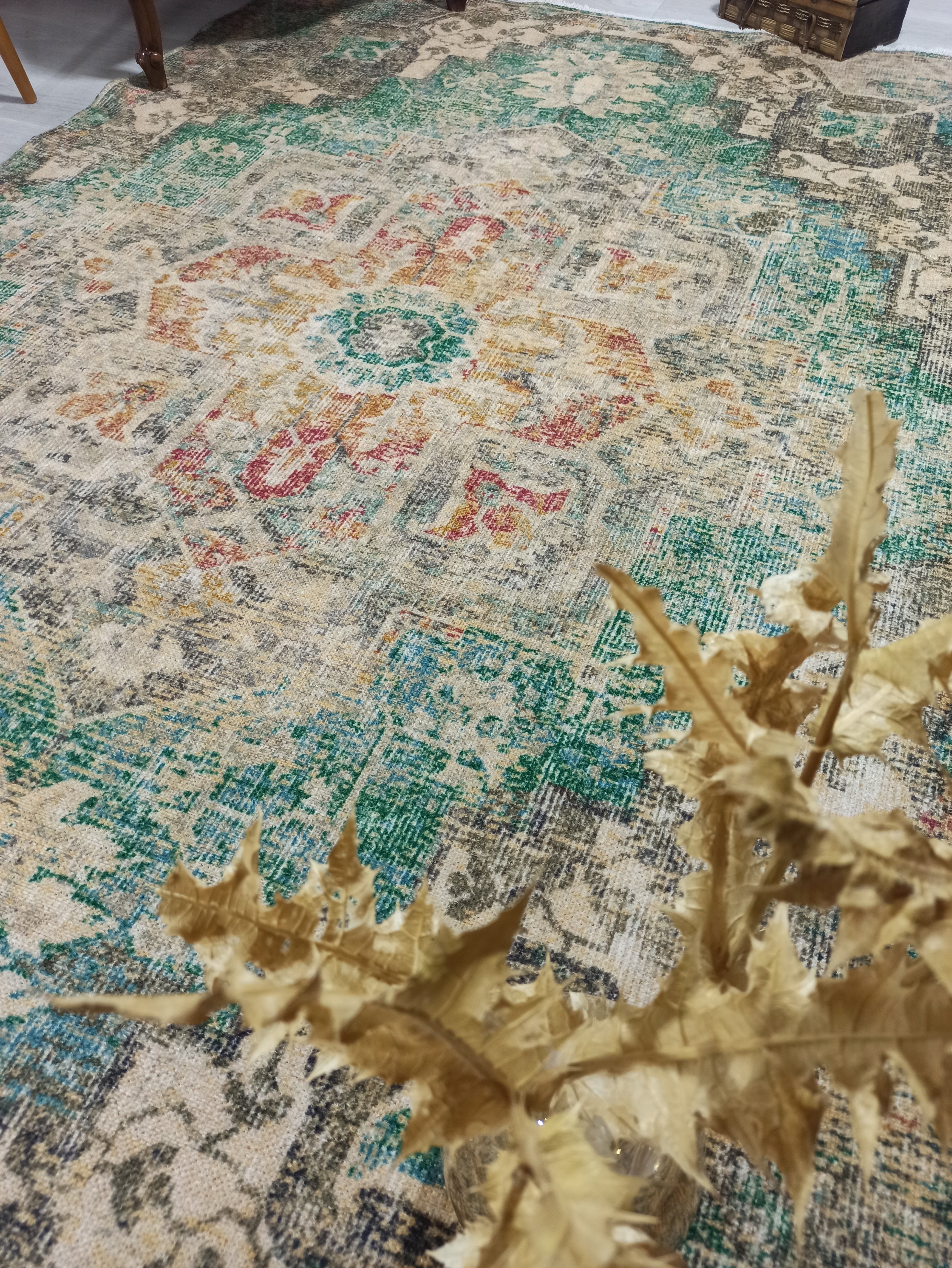 Lema Turkish Vintage Medallion Style Beige Green Rug