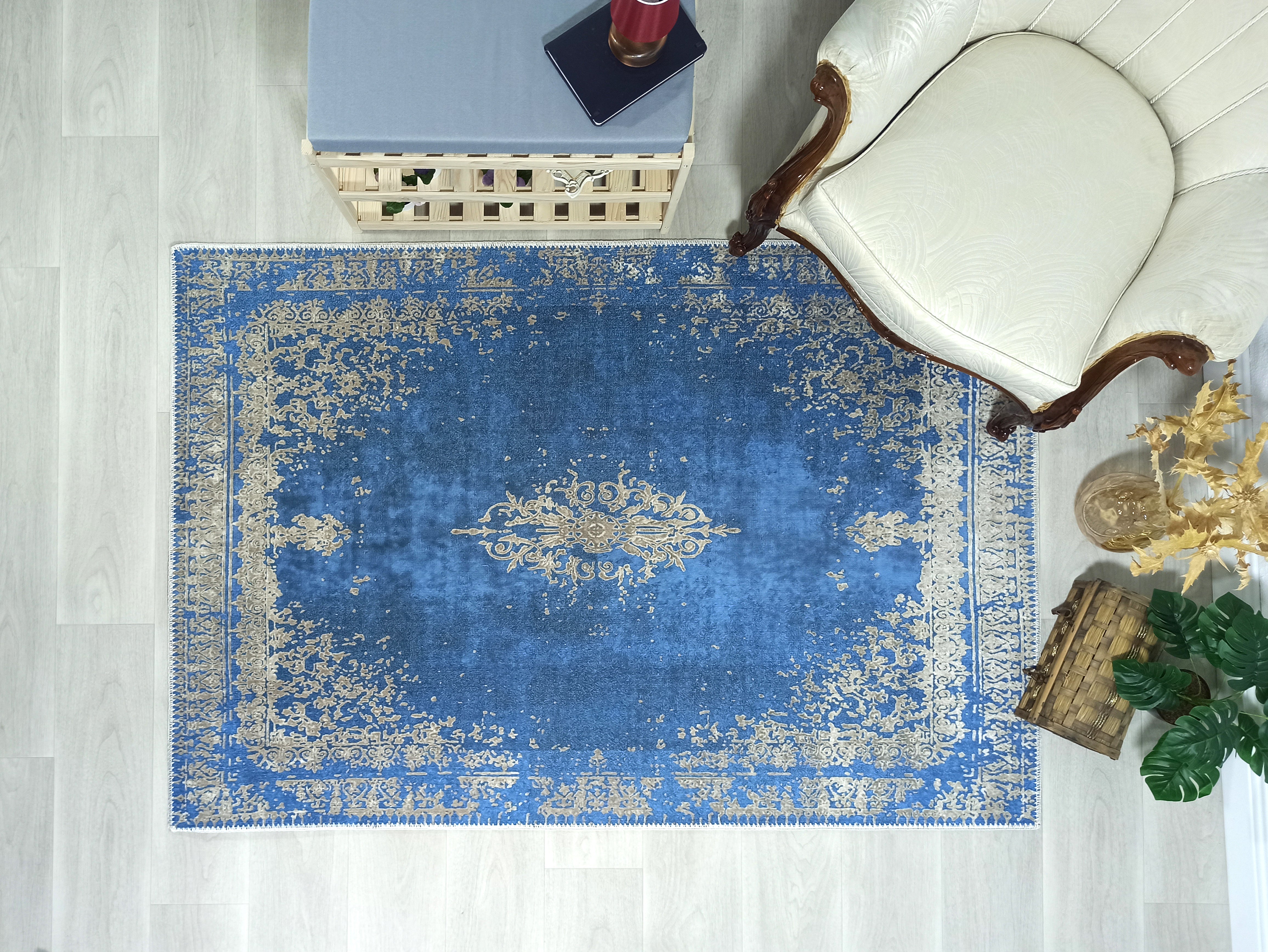 Turkish Light Blue Navy Blue Vintage Rug