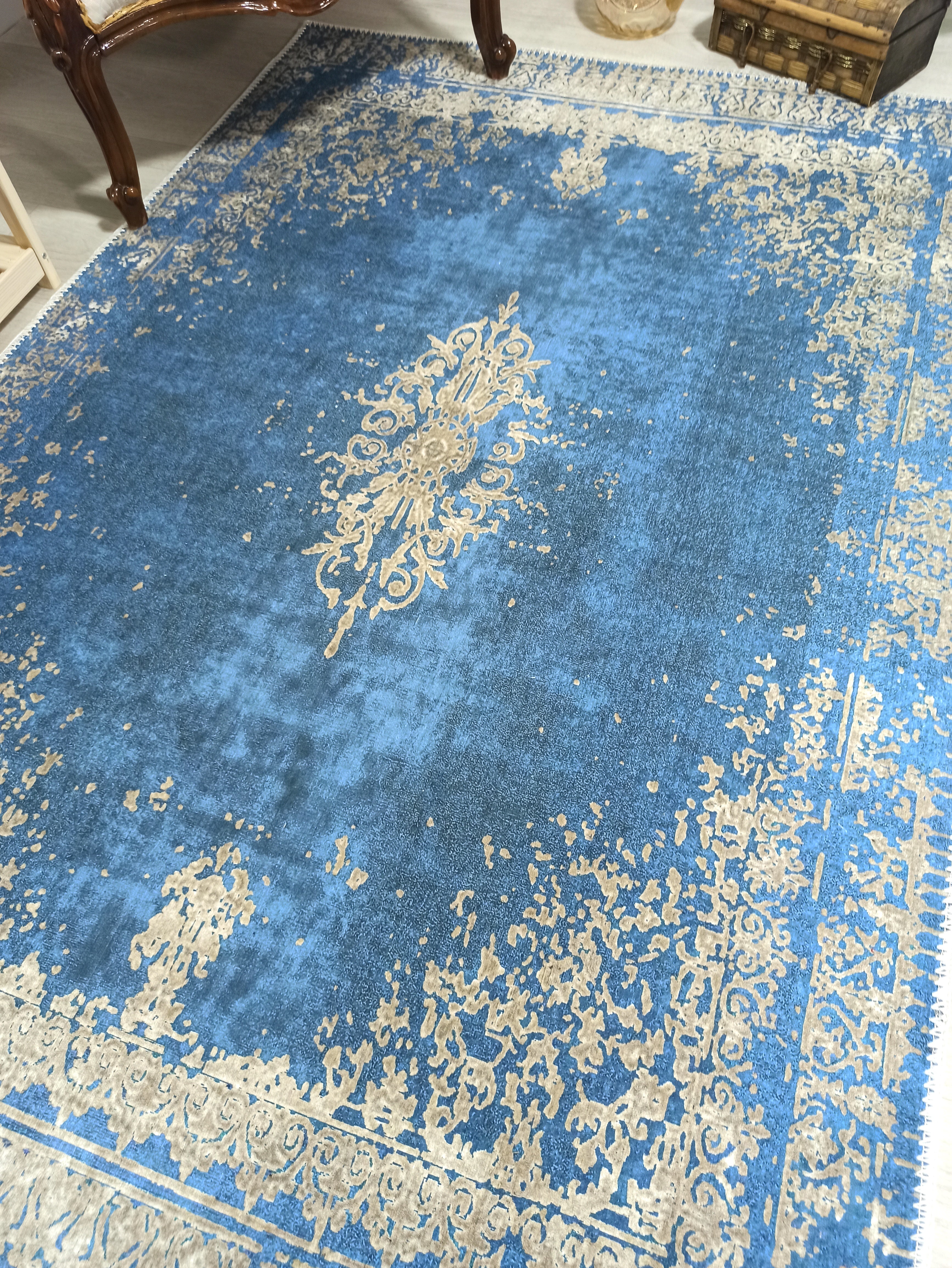 Turkish Light Blue Navy Blue Vintage Rug