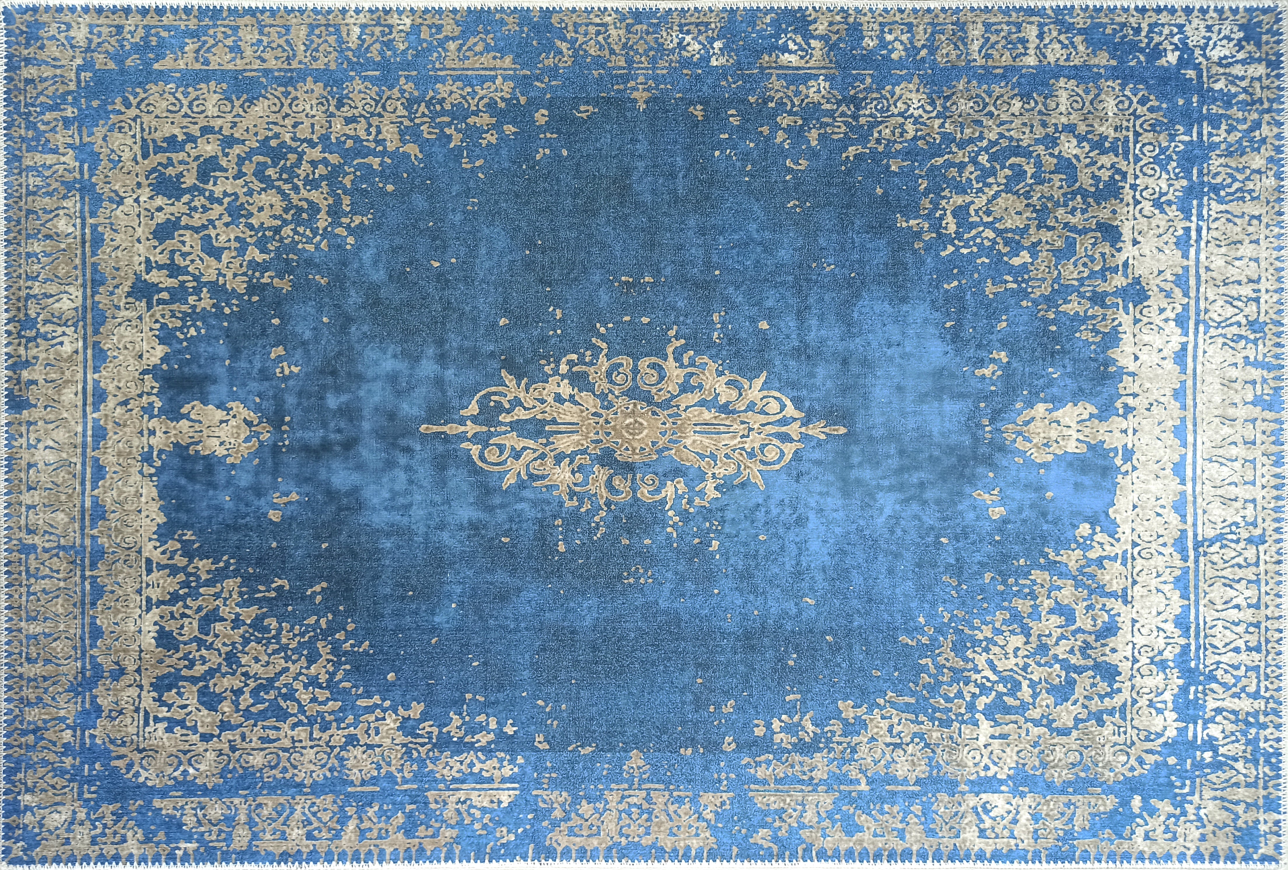 Turkish Light Blue Navy Blue Vintage Rug