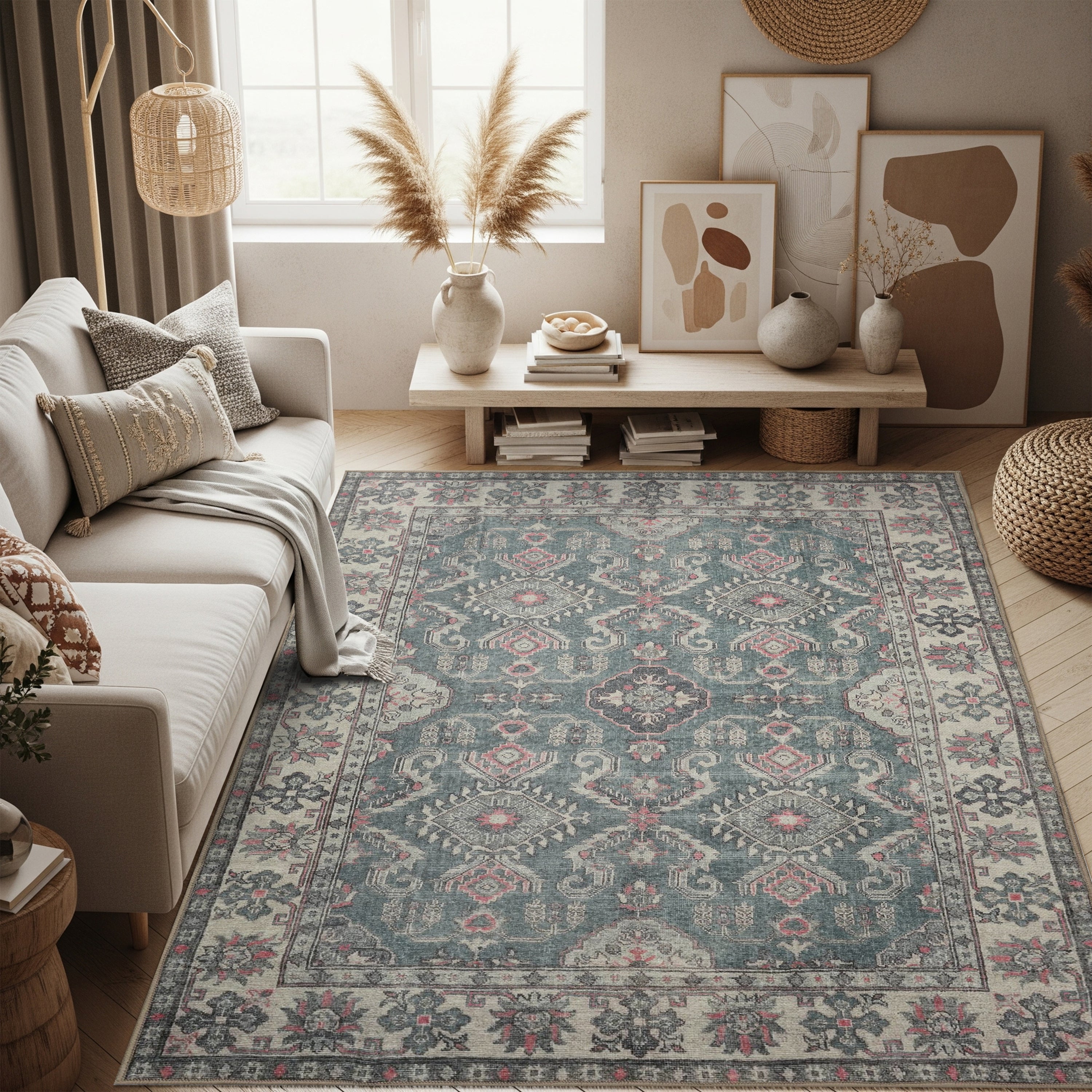Distressed Geometric Medallion Teal and Pink Tribal Area Rug - Fame Rugs