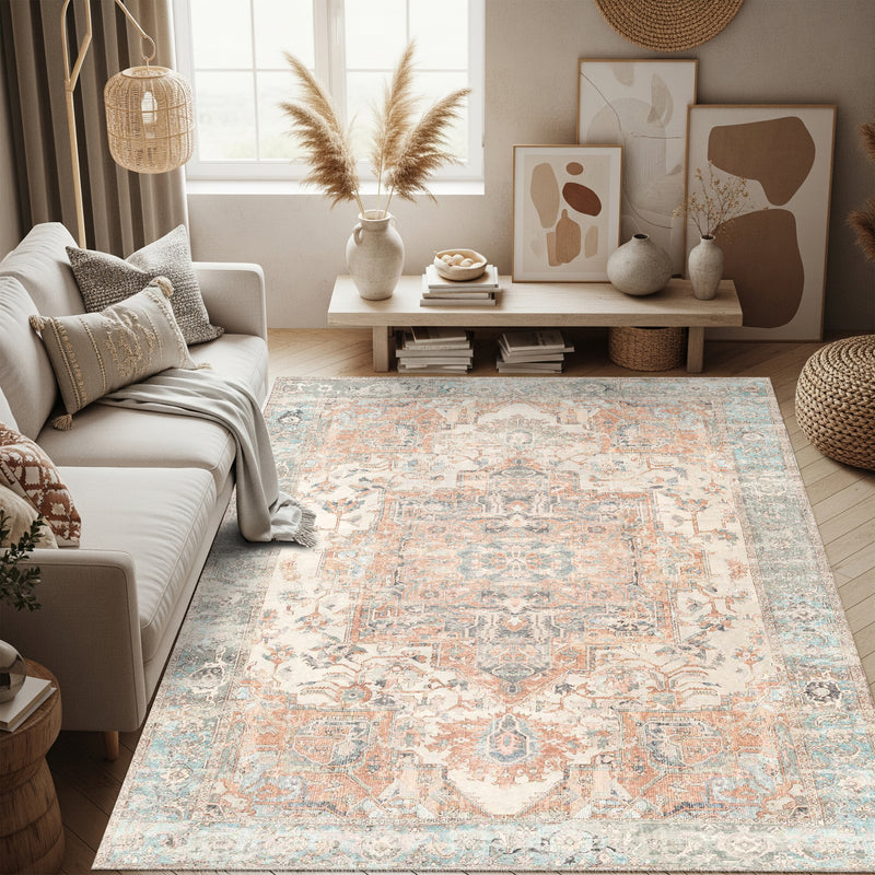 Faded Medallion Cream and Terracotta Distressed Area Rug
