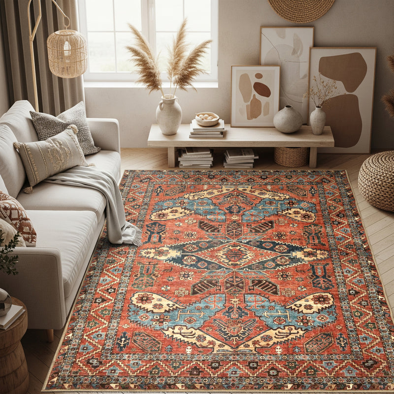 Authentic Geometric Tribal Orange and Blue Area Rug
