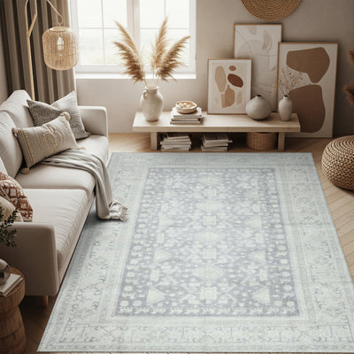 Minimalist Geometric Tribal Light Blue and Cream Area Rug