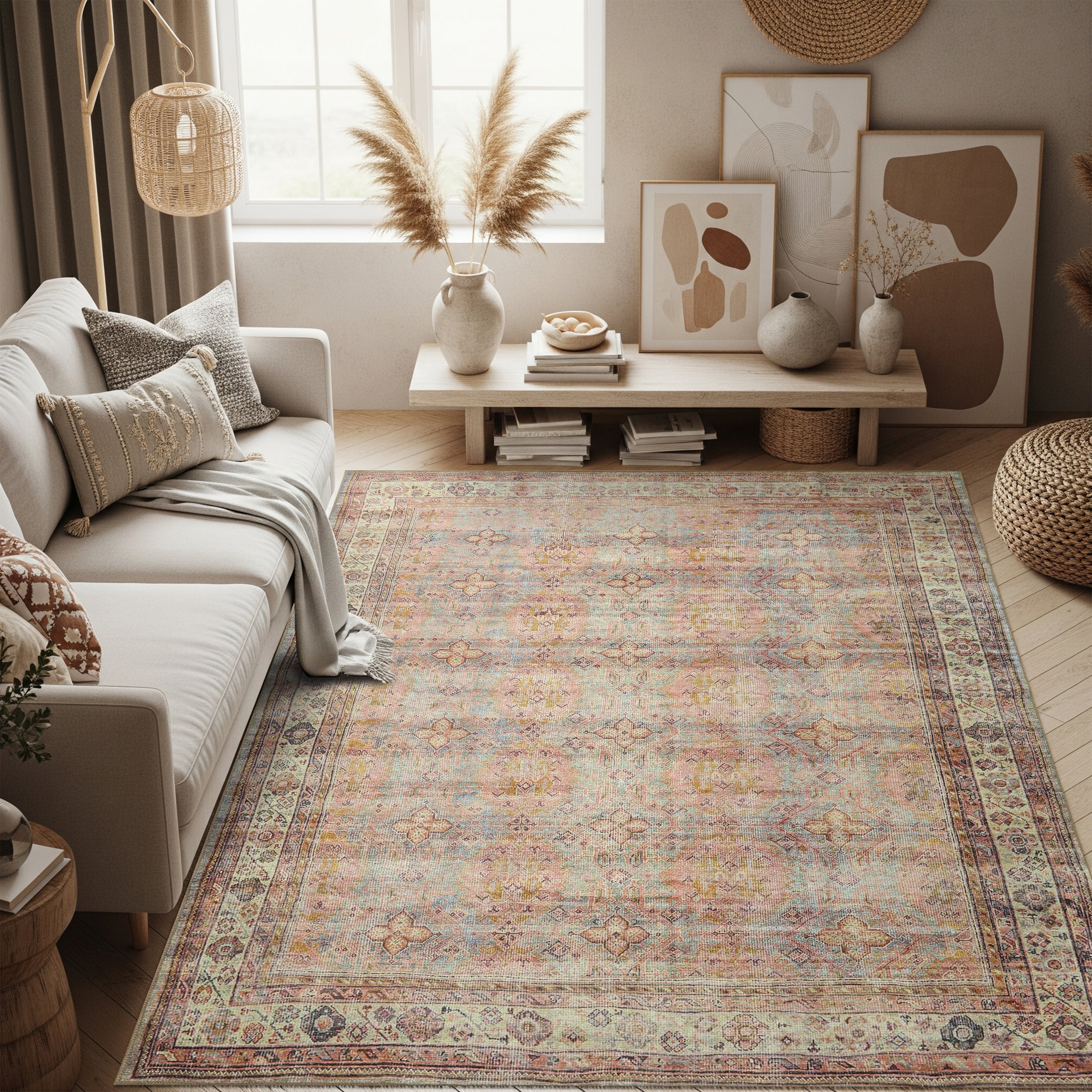 Brown Boho Oushak Vintage Style Washable Rug