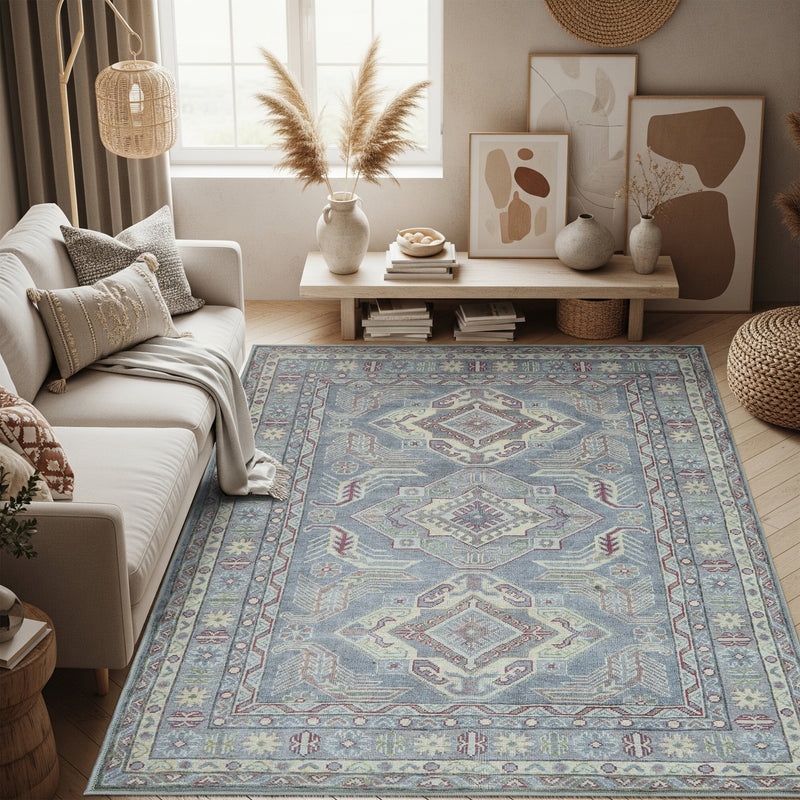 Geometric Medallion Distressed Blue and Cream Tribal Rug