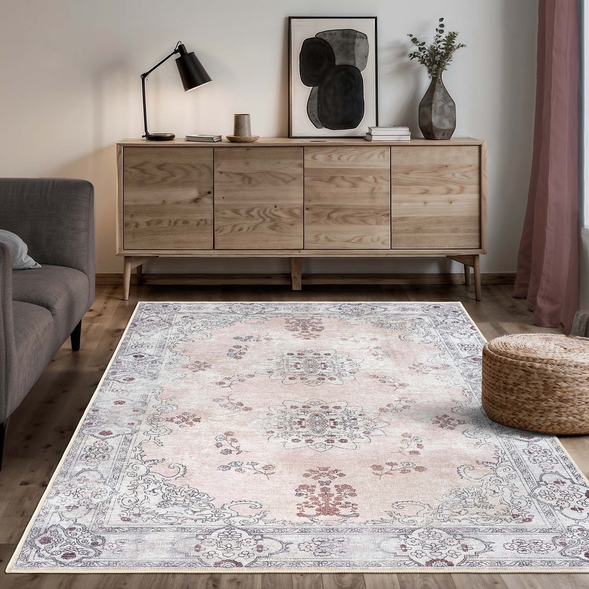 Lite Pink Oushak Area Washable Rug