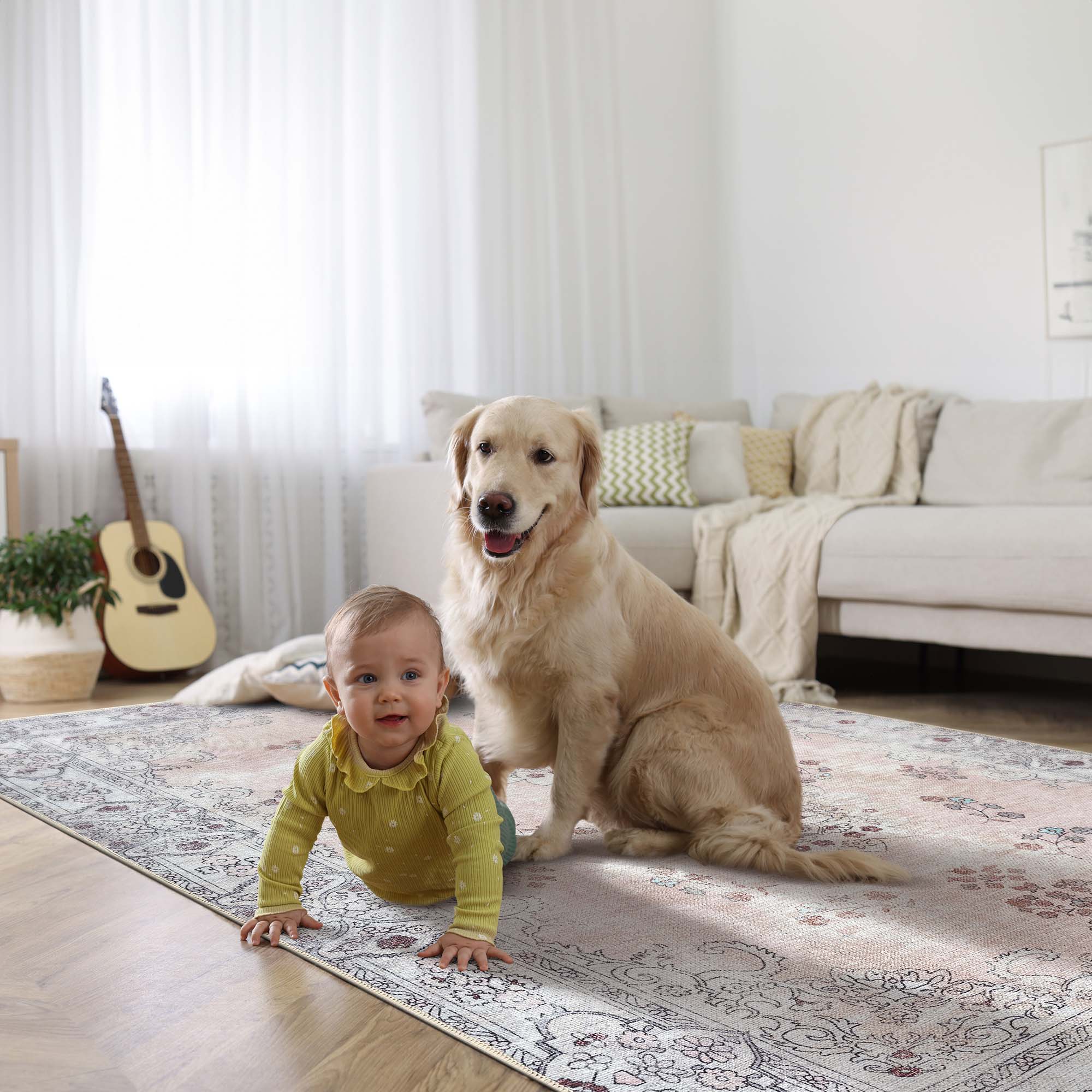 Lite Pink Oushak Area Washable Rug