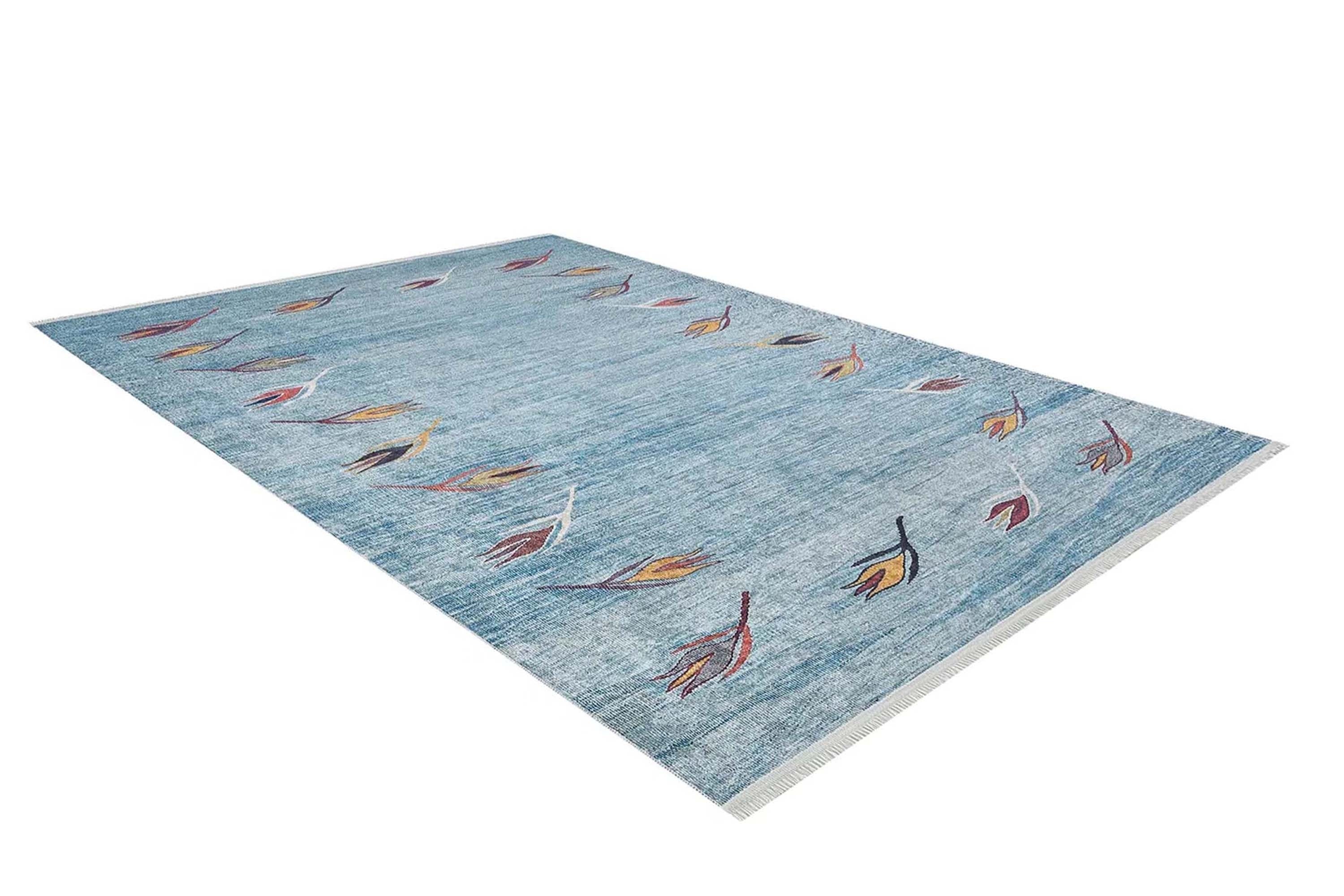 Litya Turkish Kilim Light Blue and Orange Rug