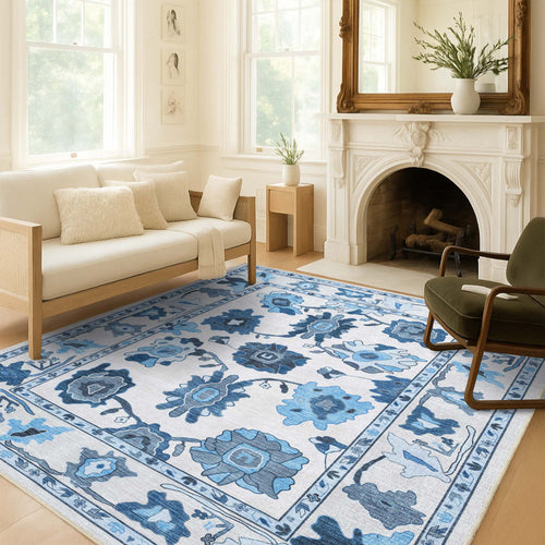 Ellis Navy Blue White Modern Floral Oushak Rug