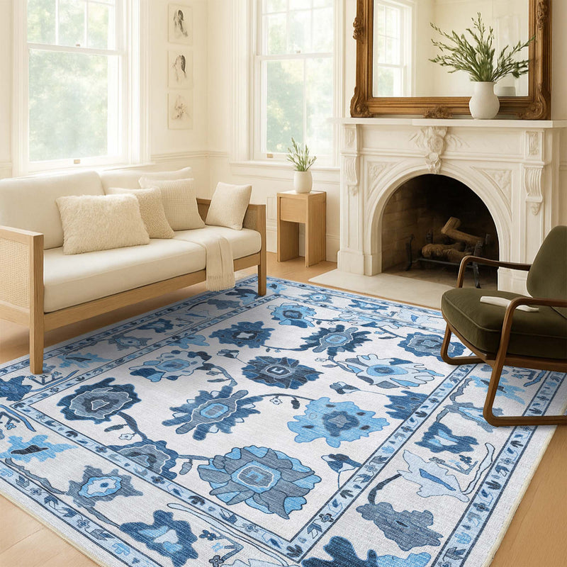 Ellis Navy Blue White Modern Floral Oushak Rug