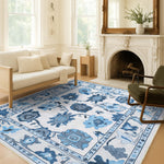 Ellis Navy Blue White Modern Floral Oushak Rug