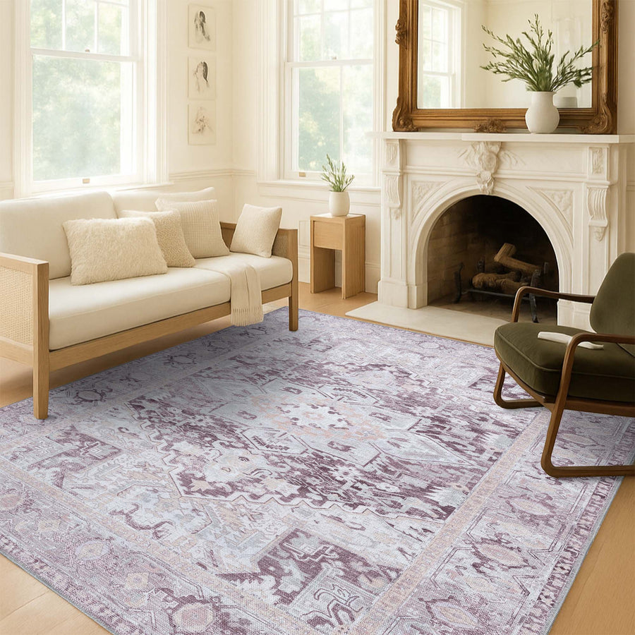 Tapis persan moderne et naturel, tapis géométriques à médaillon vintage inspiré de Heriz, pastel clair délavé, pour salon, chambre à coucher, salle de bain, cuisine