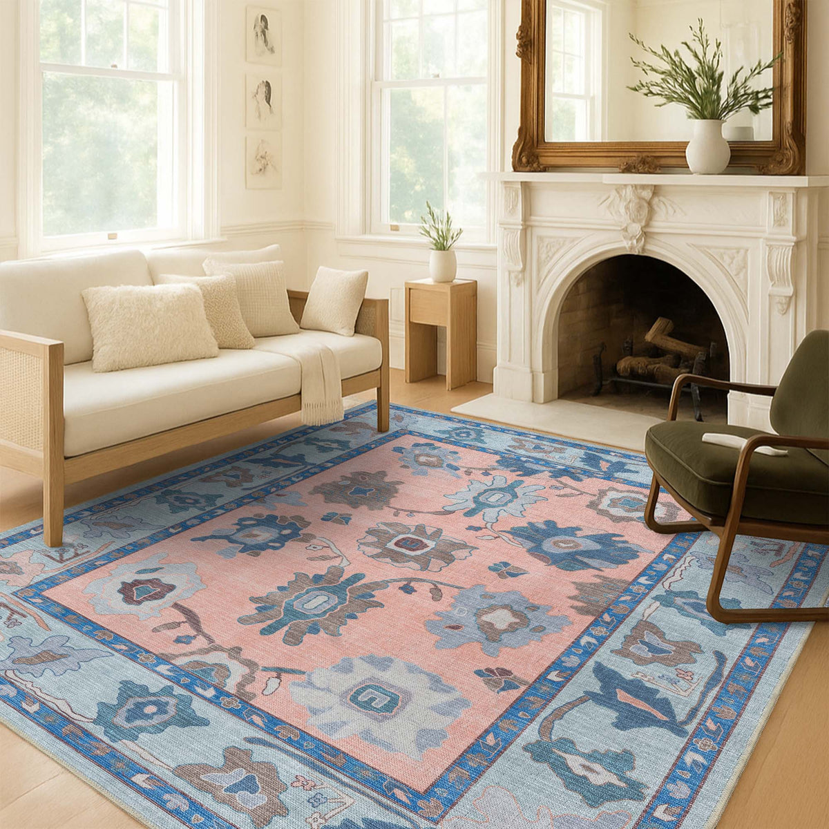 Salmon Color Rug Menna Salmon Orange Blue Modern Oushak Rug - Washable Area Rugs – fame