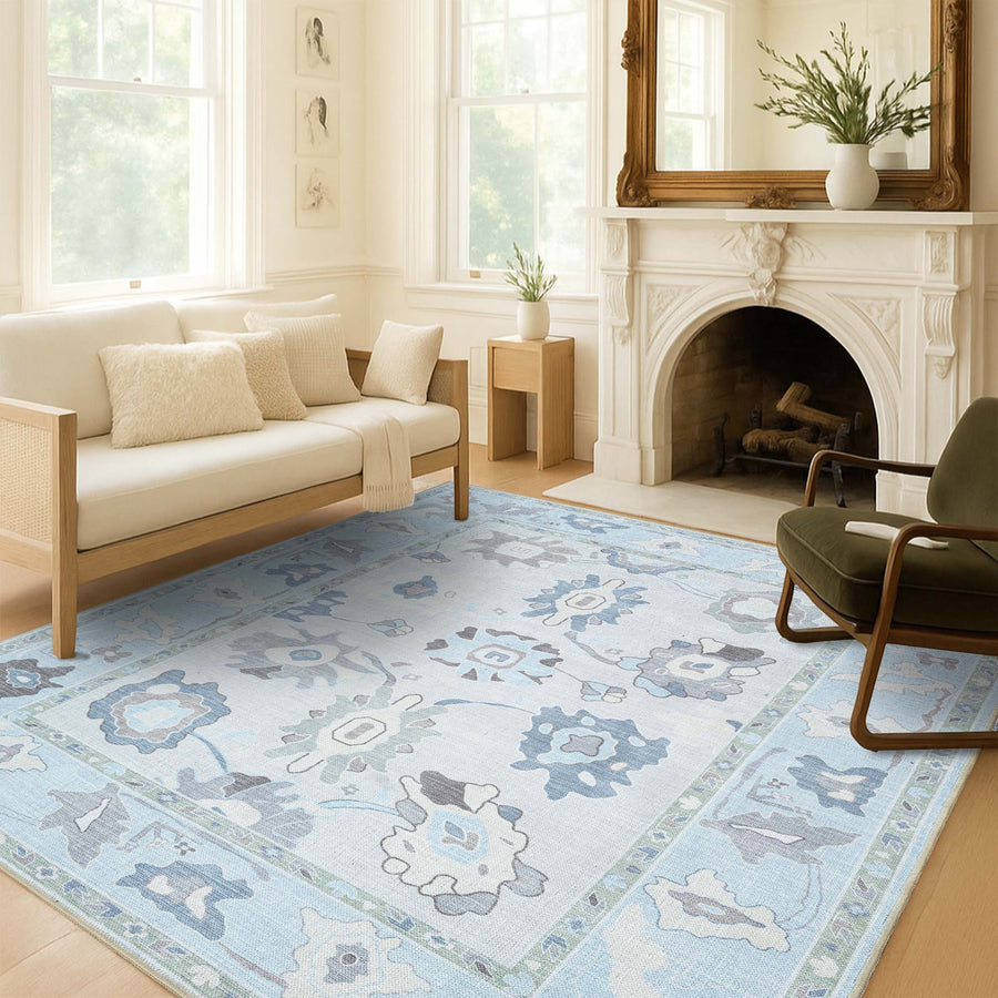 Pamira Cream Blue Floral Modern Oushak Rug