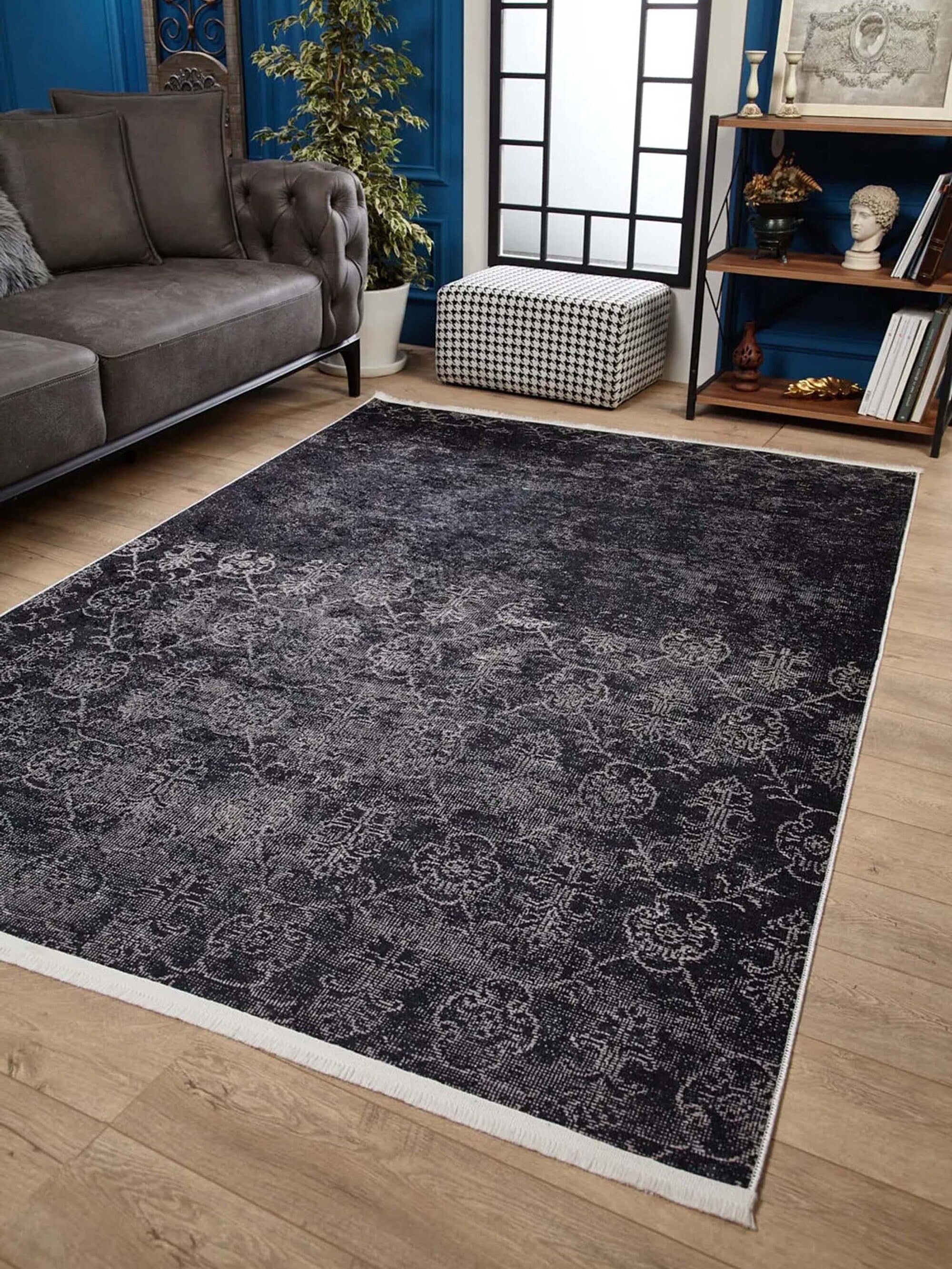 Magna Turkish White Floral Black Rug
