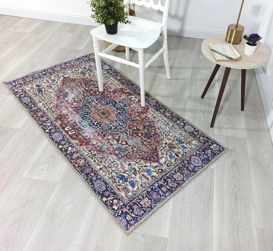 Mero Rug Persian Medallion Distressed Navy Blue Brown Rug