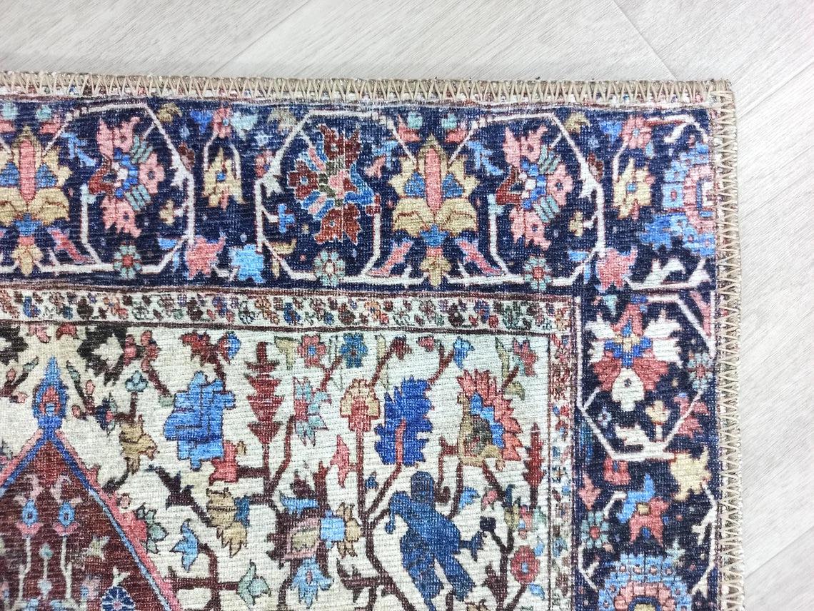 Mero Rug Persian Medallion Distressed Navy Blue Brown Rug