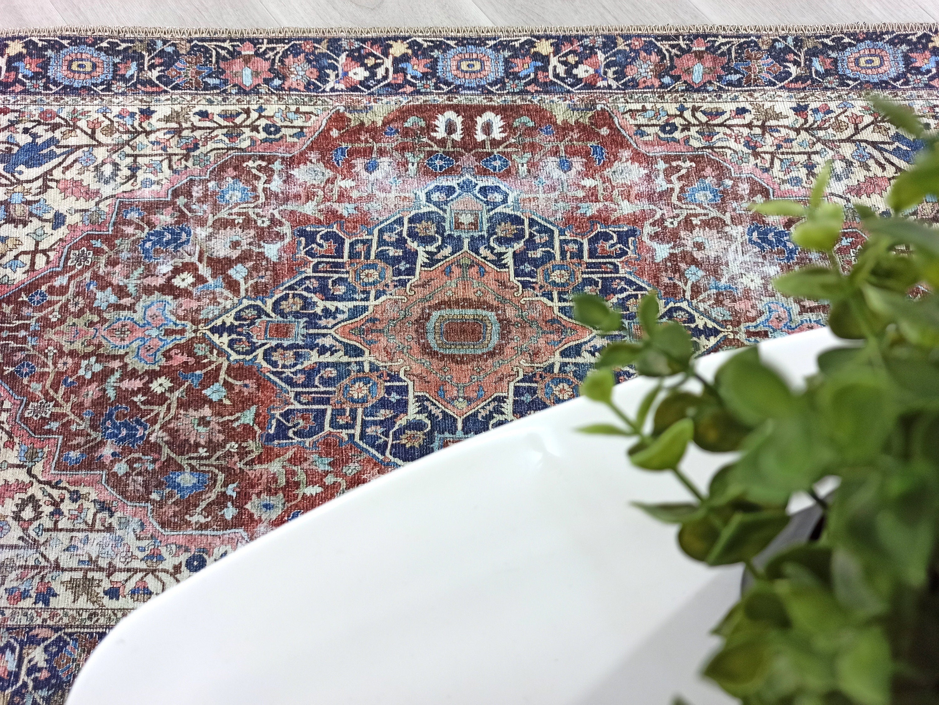 Mero Rug Persian Medallion Distressed Navy Blue Brown Rug