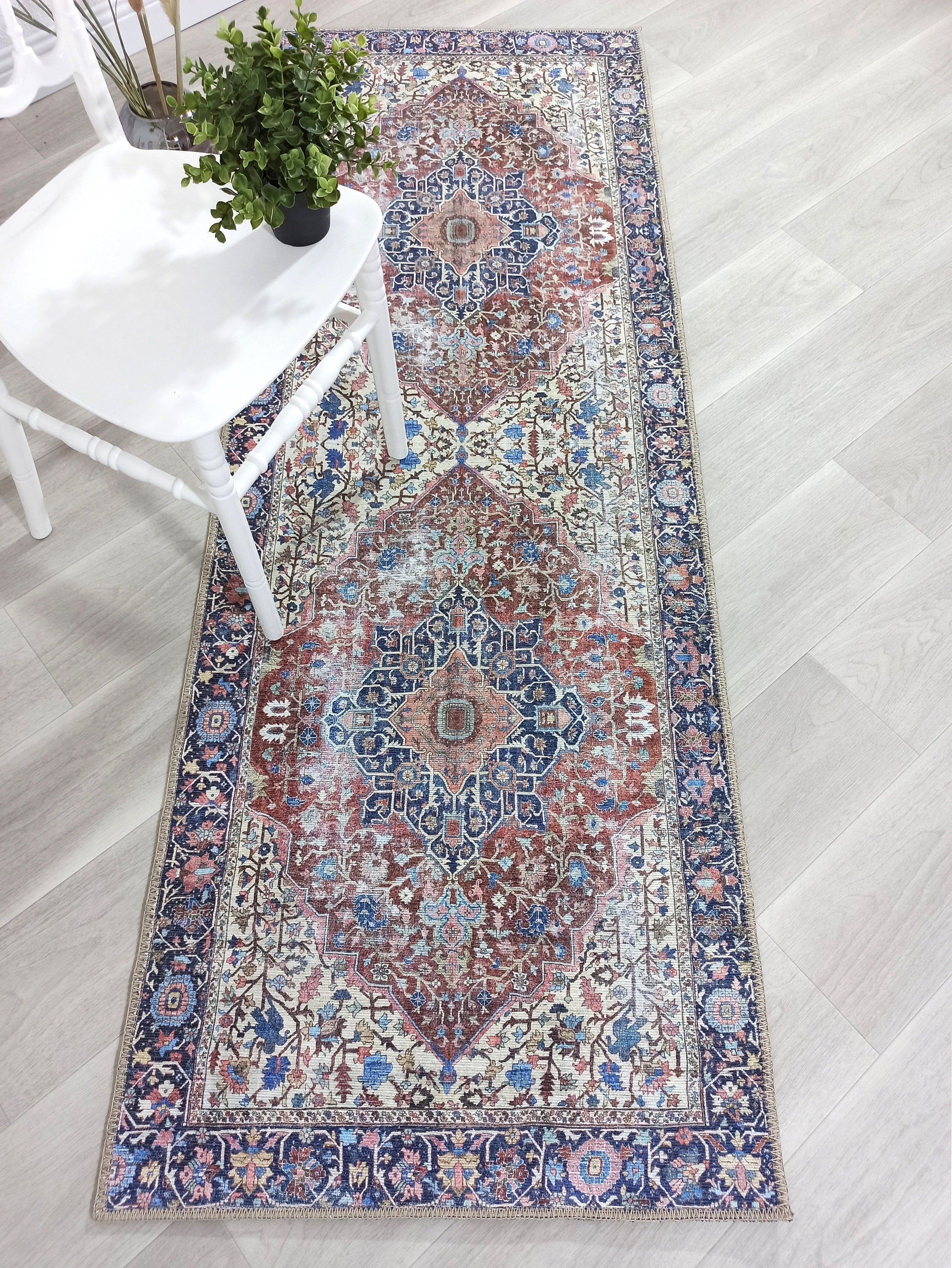 Mero Rug Persian Medallion Distressed Navy Blue Brown Rug