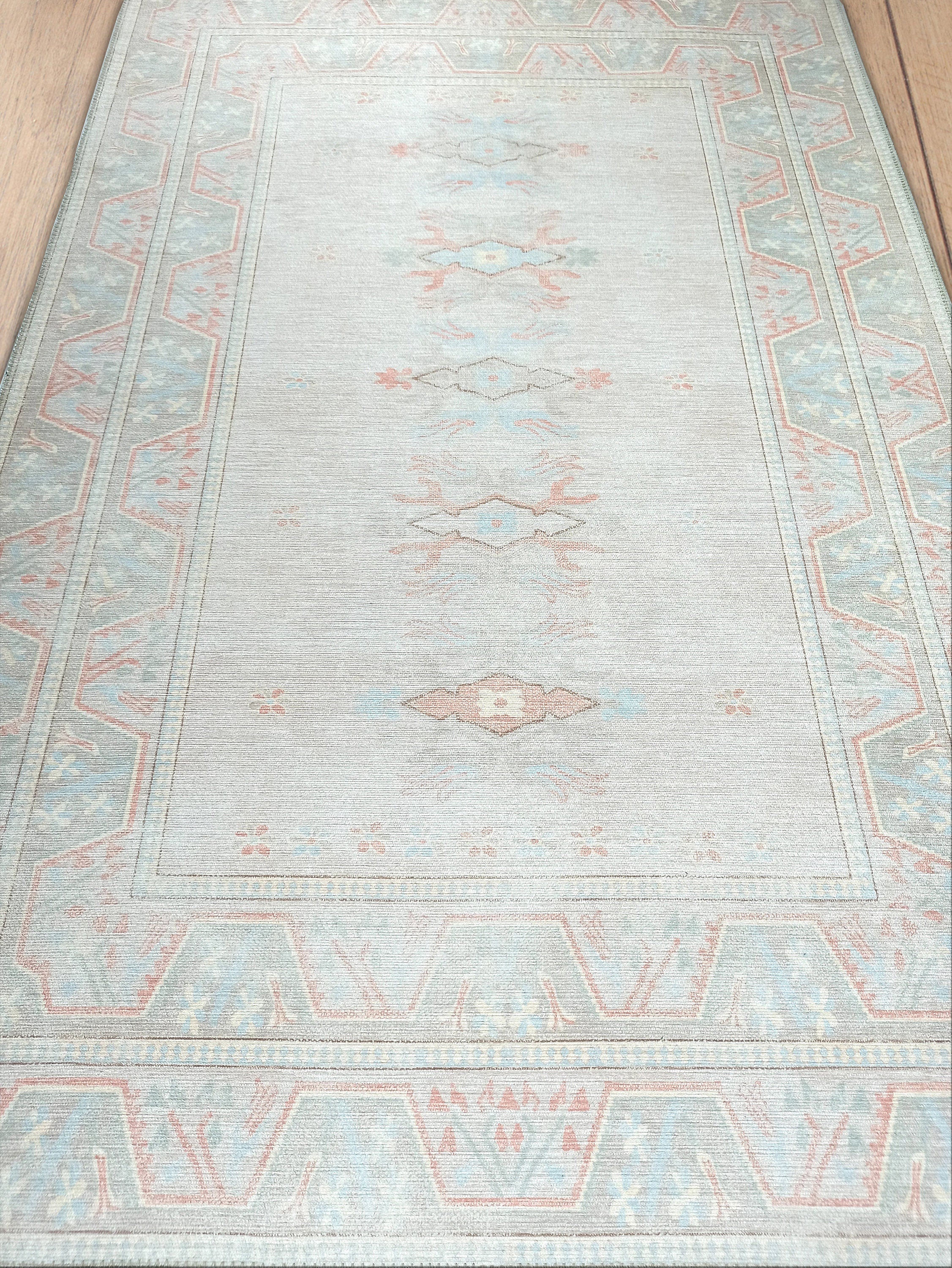 Milas Muted Baby Blue & Pale Blush Turkish Rug