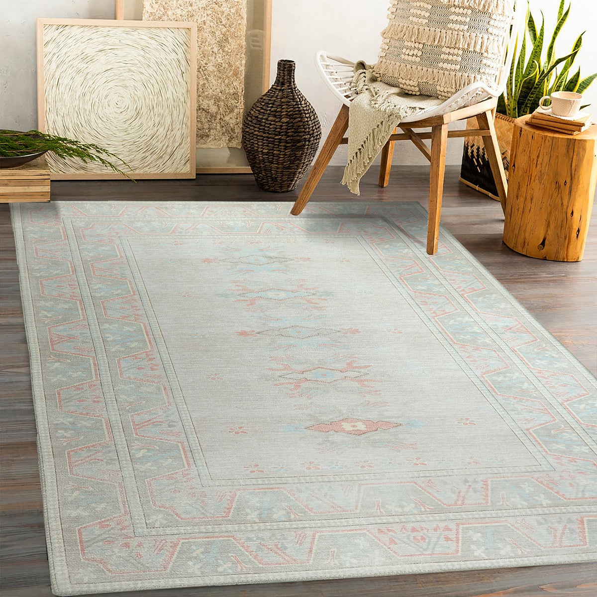 Milas Muted Baby Blue & Pale Blush Turkish Rug – fame