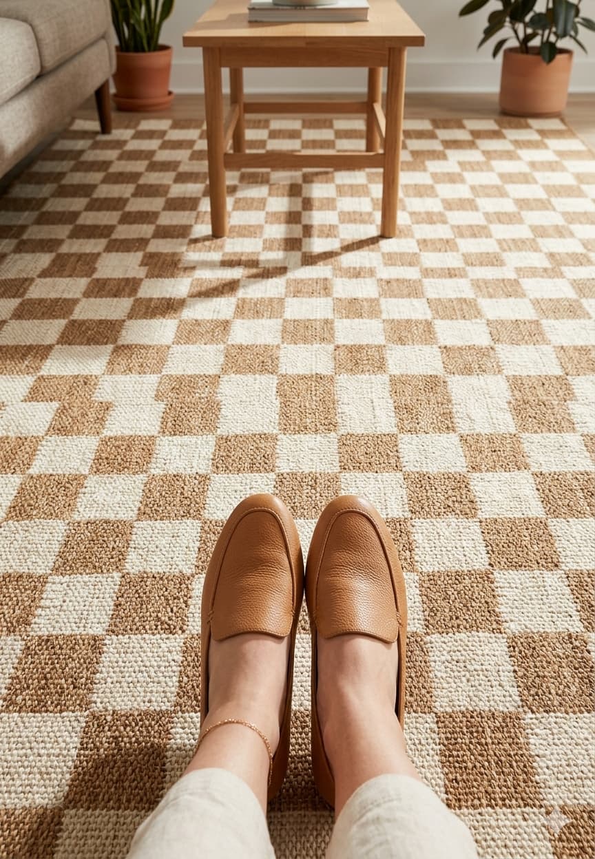 Modern Ivory & Sand Checkerboard Indoor/Outdoor Rug - Fame Rugs