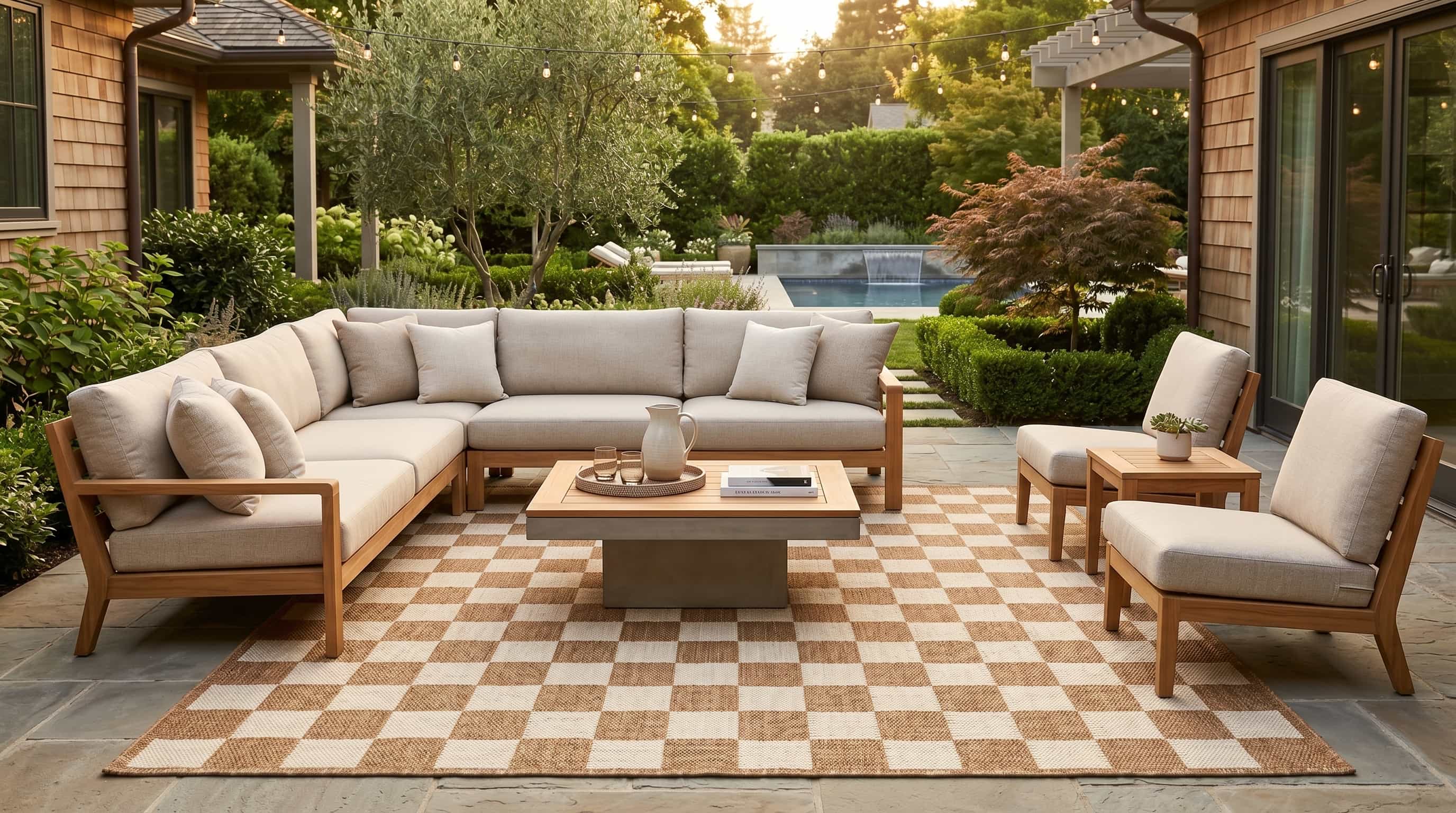 Modern Ivory & Sand Checkerboard Indoor/Outdoor Rug - Fame Rugs