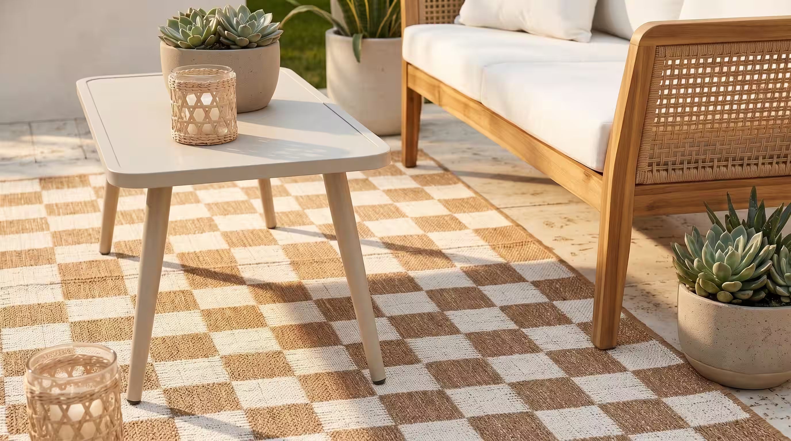 Modern Ivory & Sand Checkerboard Indoor/Outdoor Rug - Fame Rugs
