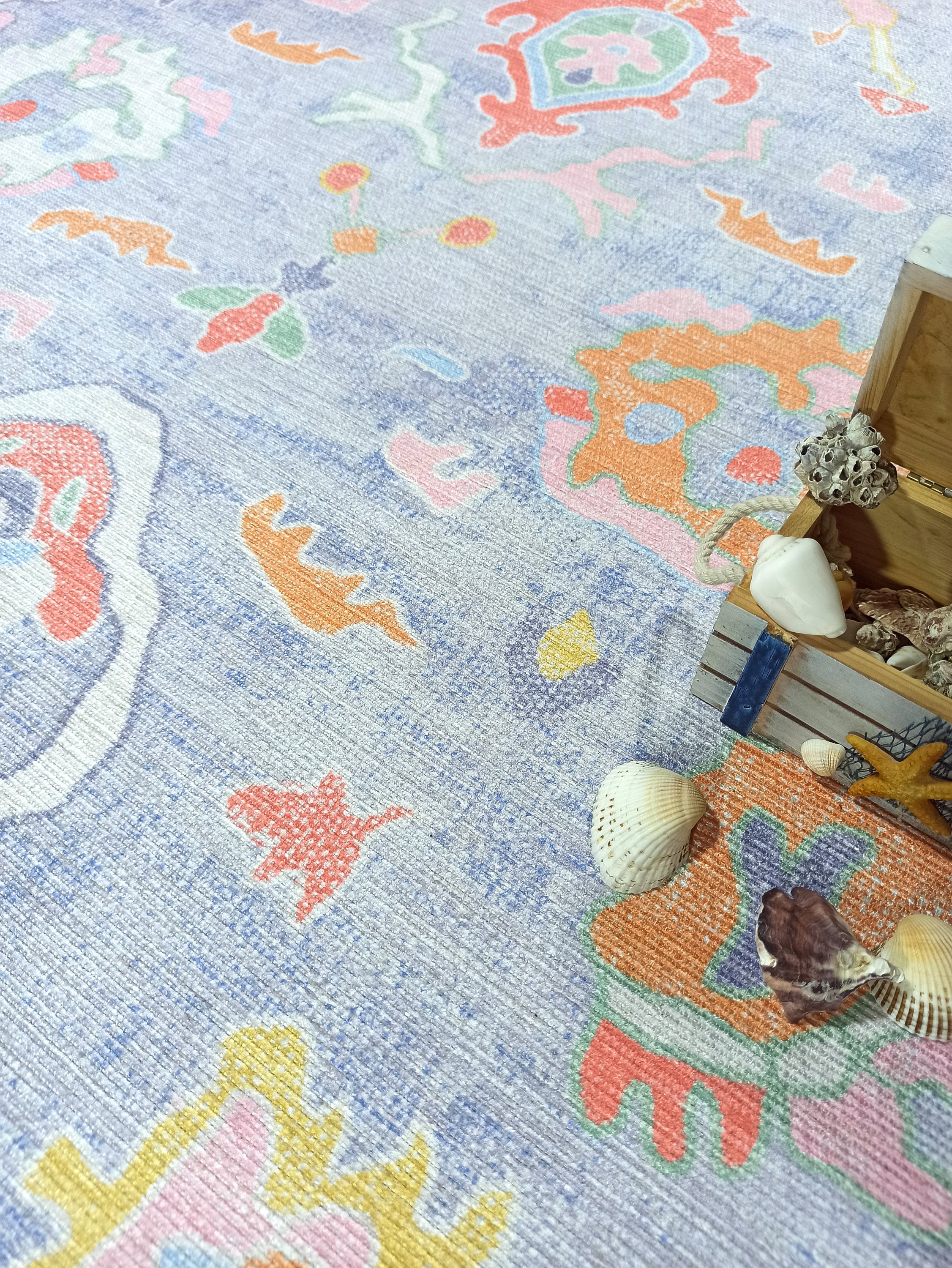 Muted Blues Modern Oushak Rug, Shades of Light Blue Vintage Turkish Colorful Oriental Antique Inspired Area Rugs, Luxury Living room Bedroom-famerugs-2'x3' ft 60x90cm-fame