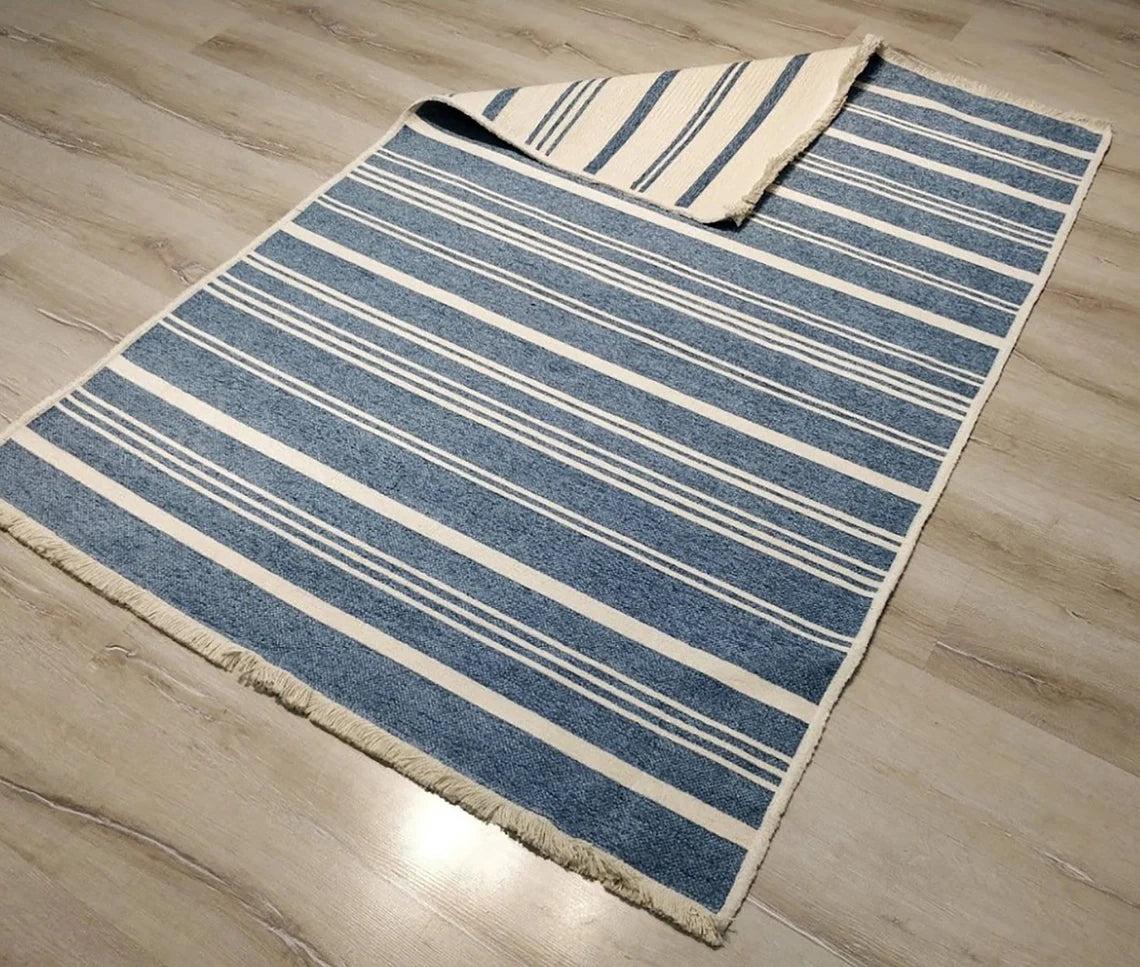 Nama Reversible Kilim Pastel Blue Neutral White Rug
