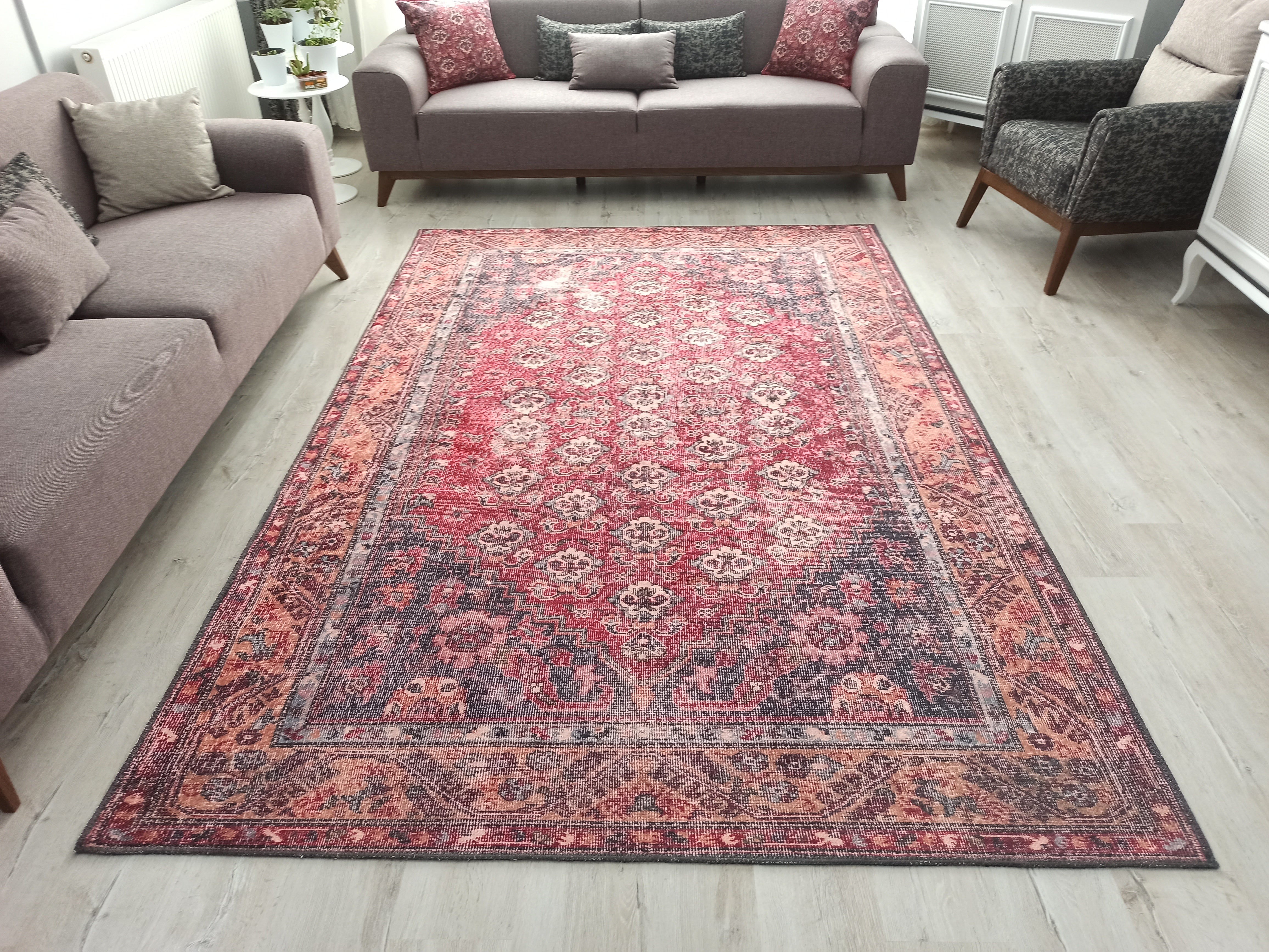 Nara Rug Turkish Red Orange Gray Rug