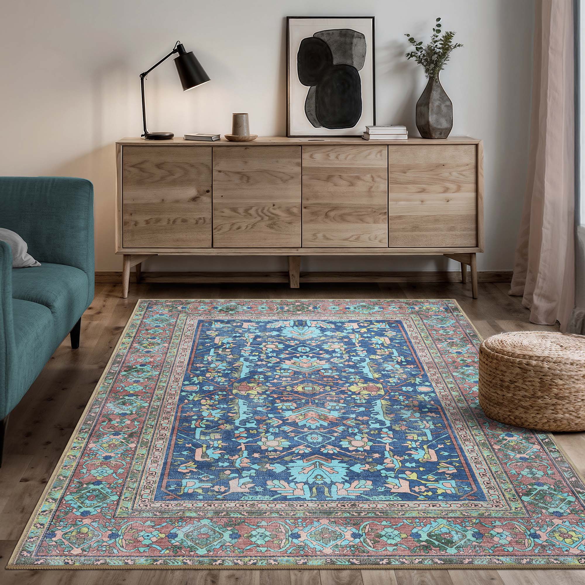 Navy Blue Boho Oushak Washable Rug