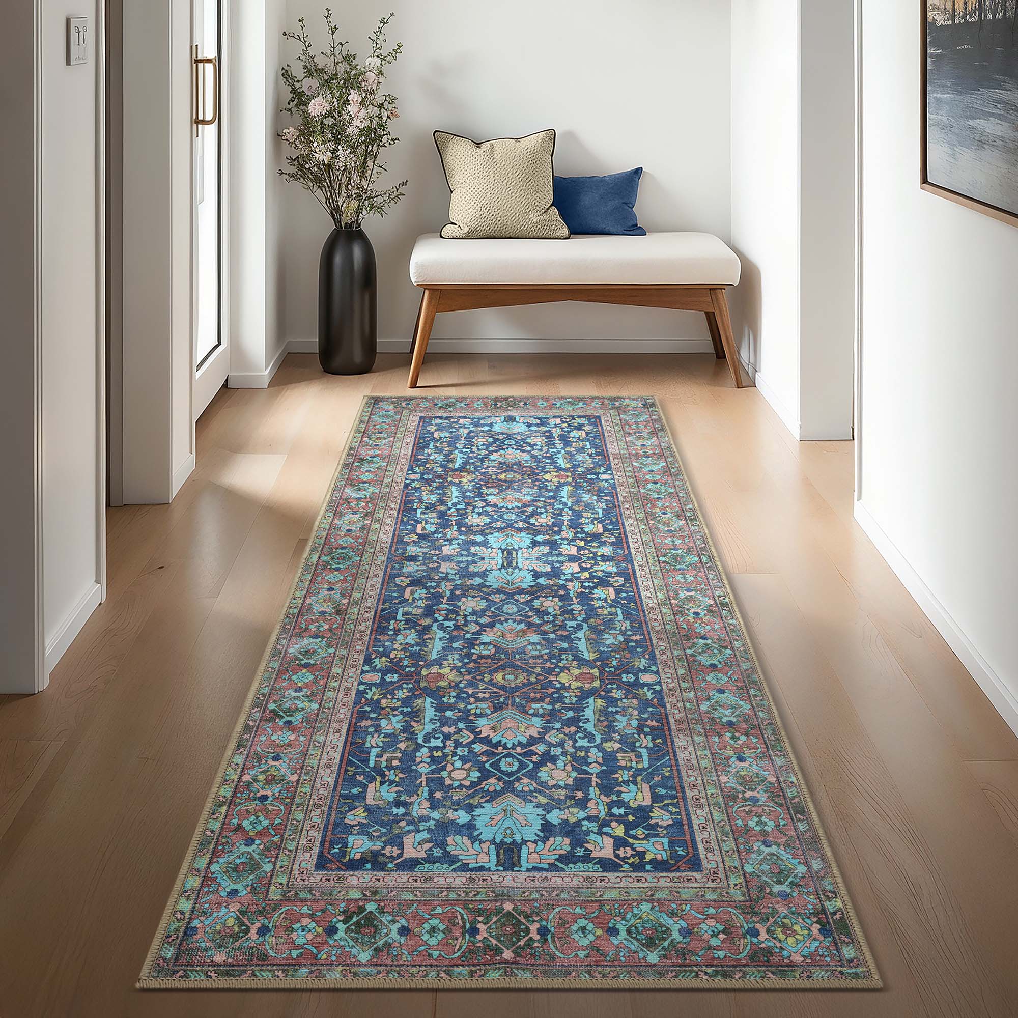 Navy Blue Boho Oushak Washable Rug