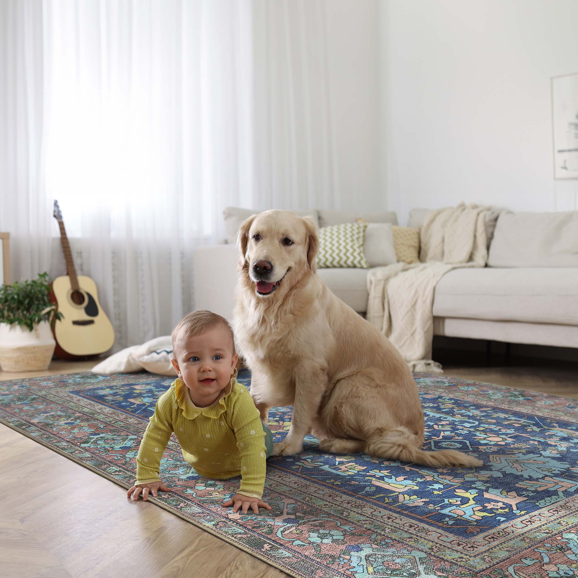 Navy Blue Boho Oushak Washable Rug