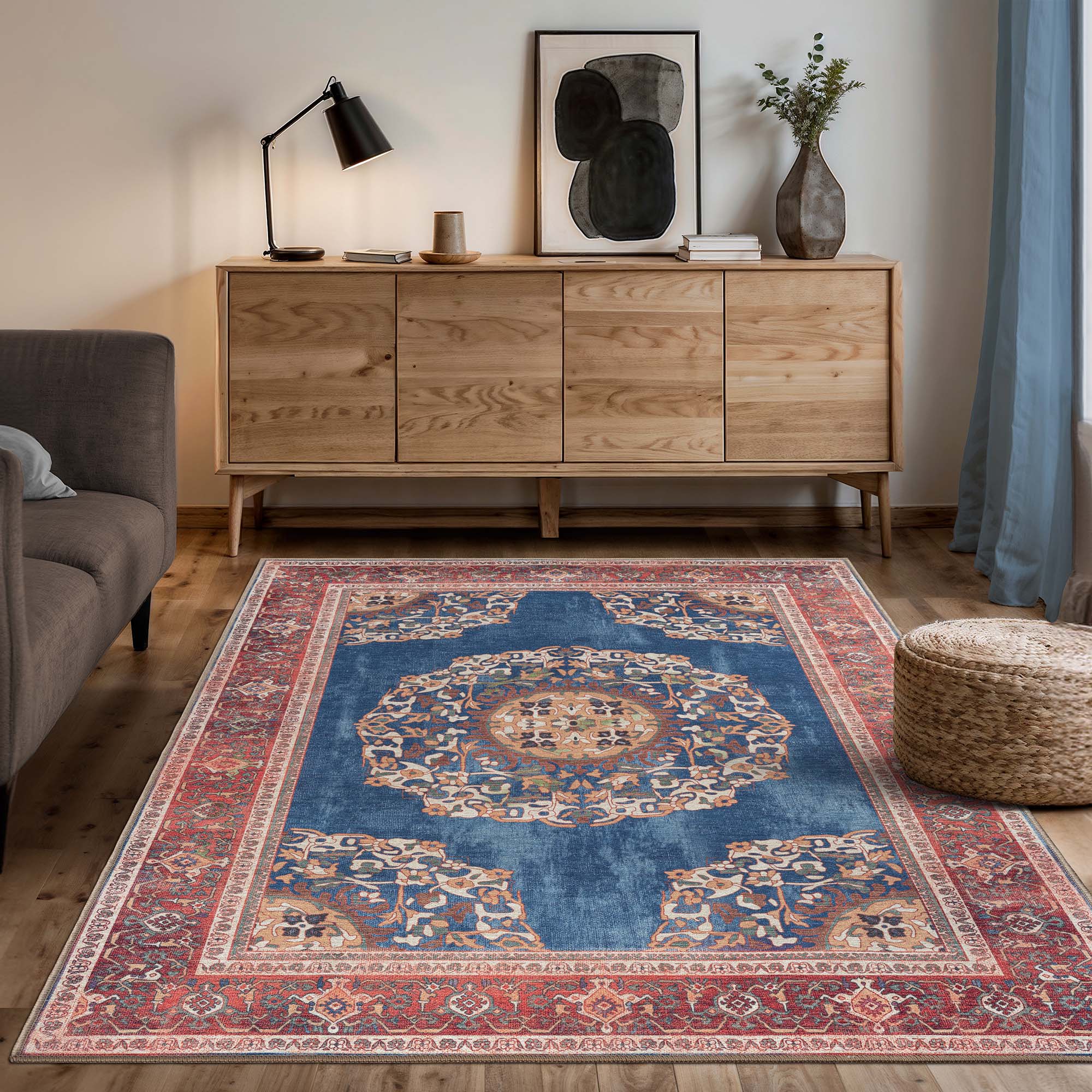 Navy Blue Brick Oushak Area Washable Rug