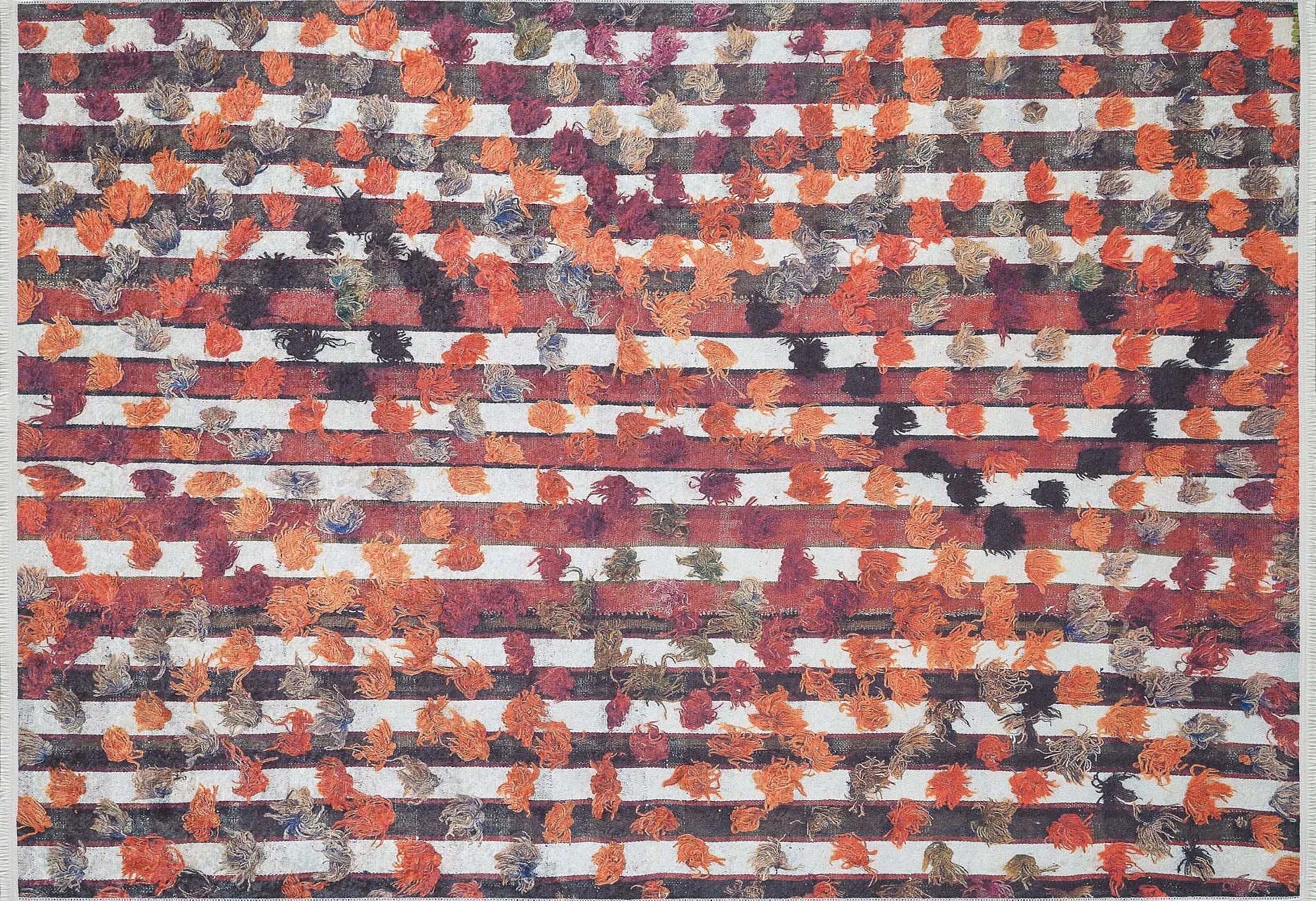 Orangi Turkish Checkered Pom Poms Orange Black Rug