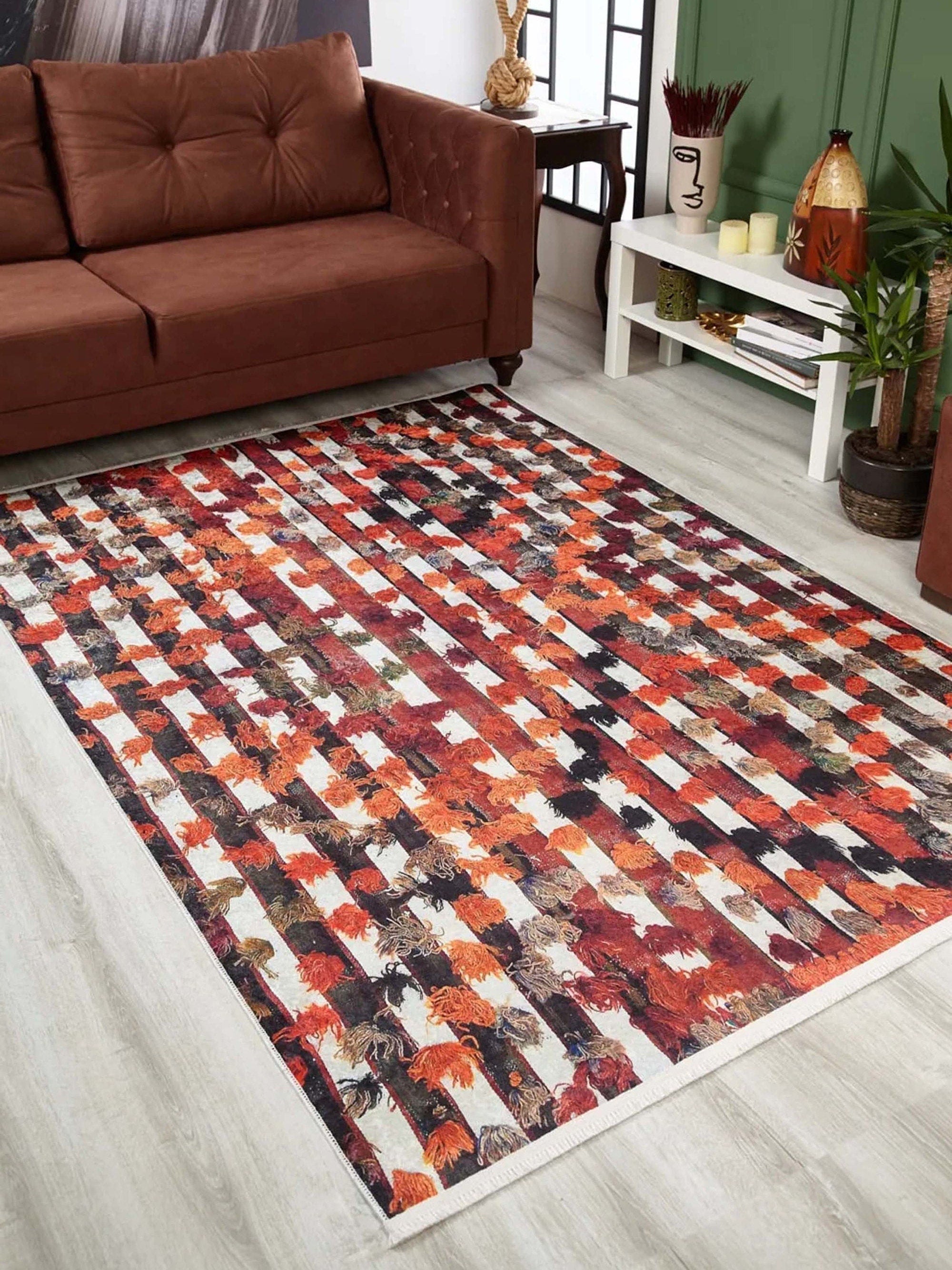 Orangi Turkish Checkered Pom Poms Orange Black Rug