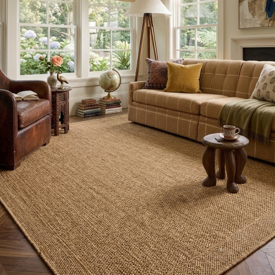 Natural Bordered Jute-Look Indoor/Outdoor Area Rug