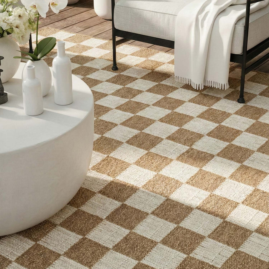Modern Ivory & Sand Checkerboard Indoor/Outdoor Rug