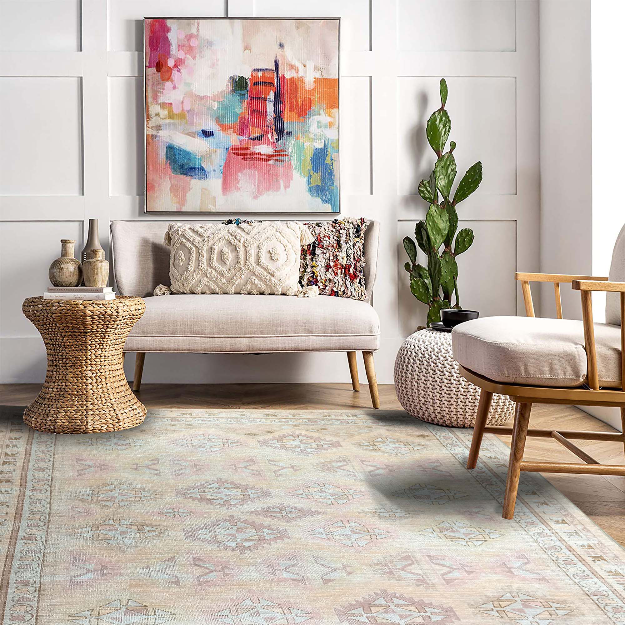 Raisanna Pale Brown Beige Herki Vintage Rug