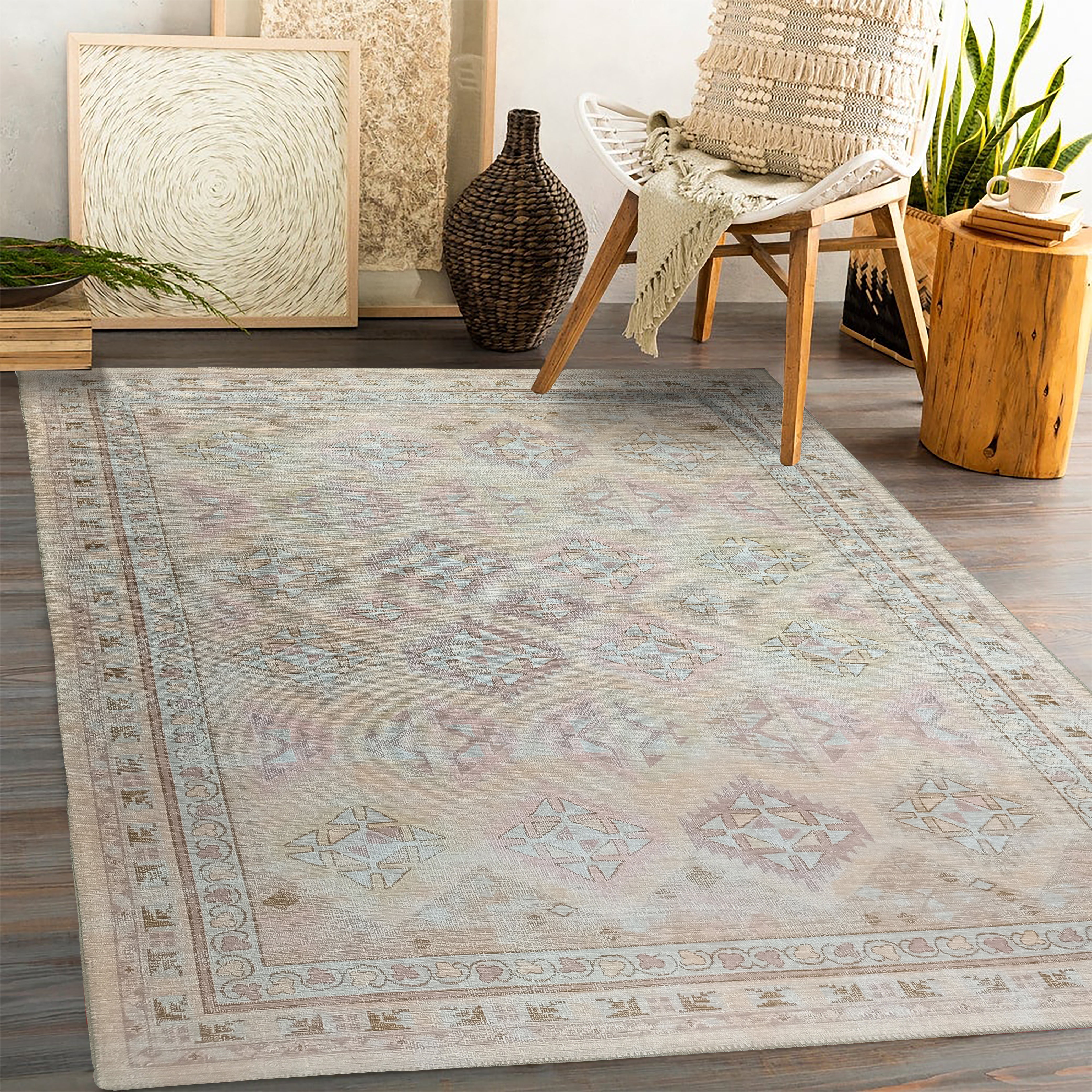Raisanna Pale Brown Beige Herki Vintage Rug
