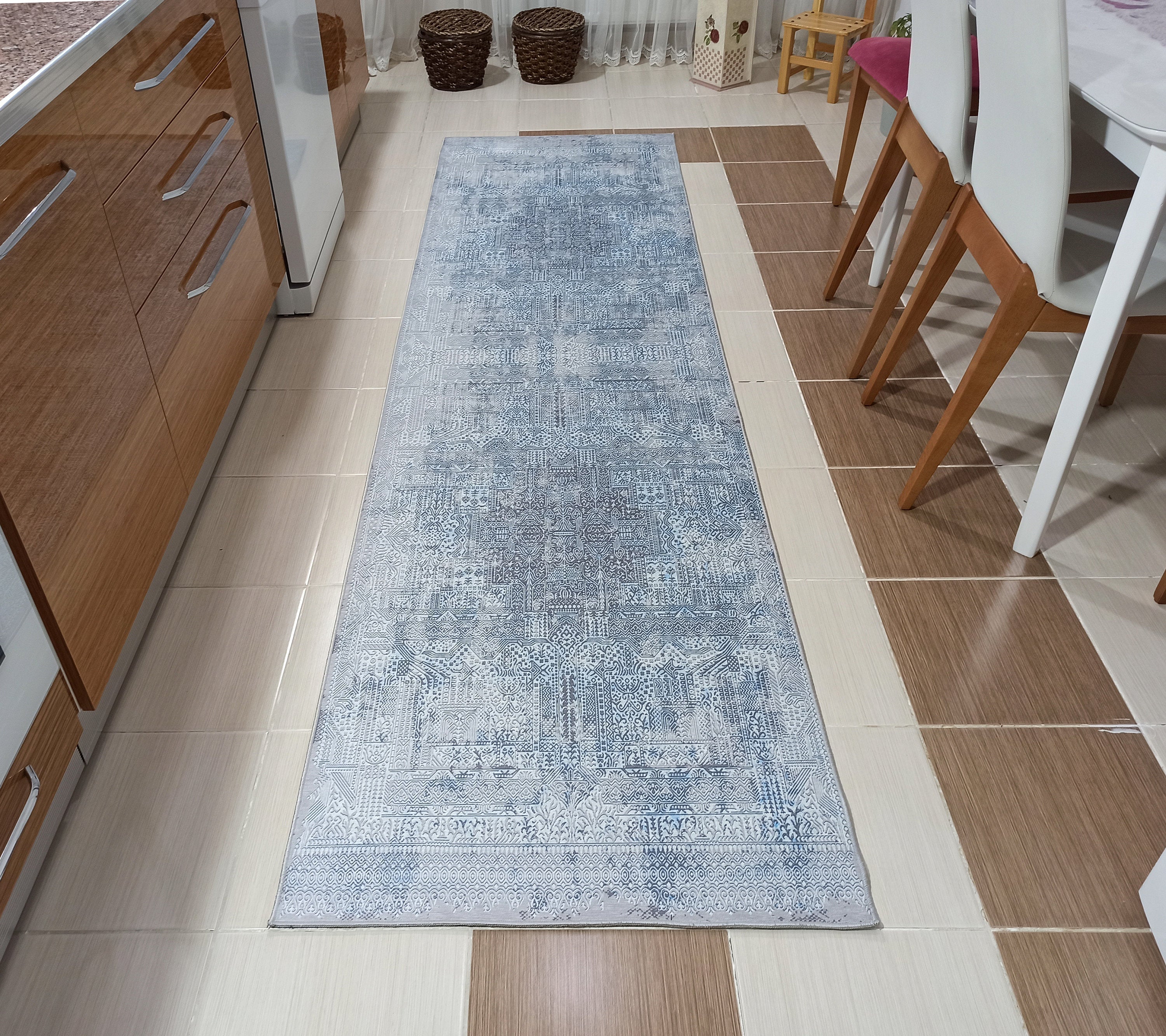 Pana Runner Turkish Distressed Gray Light Blue White Rug