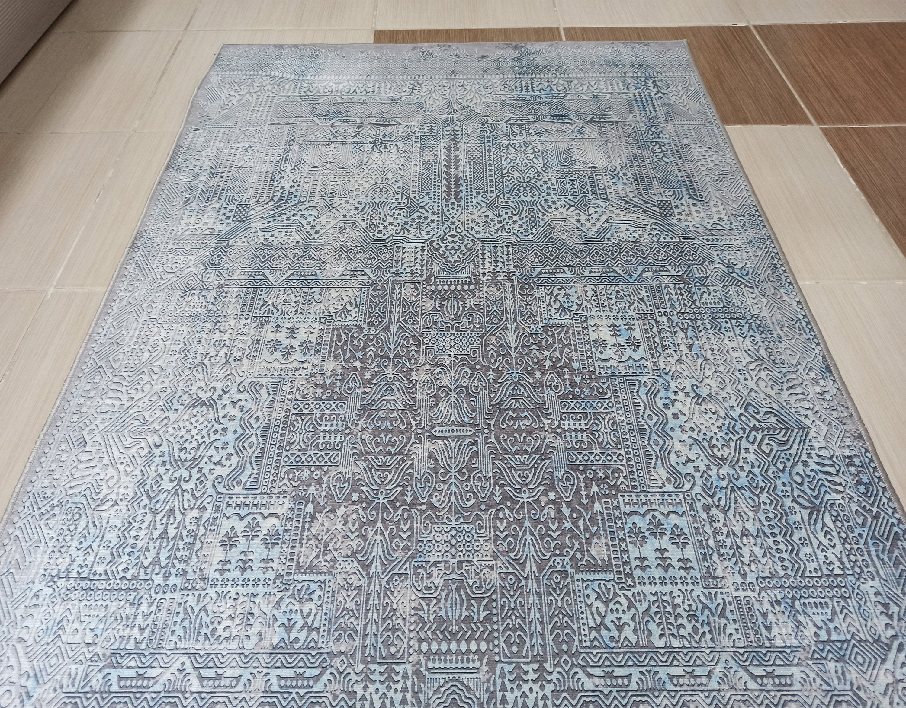 Pana Runner Turkish Distressed Gray Light Blue White Rug